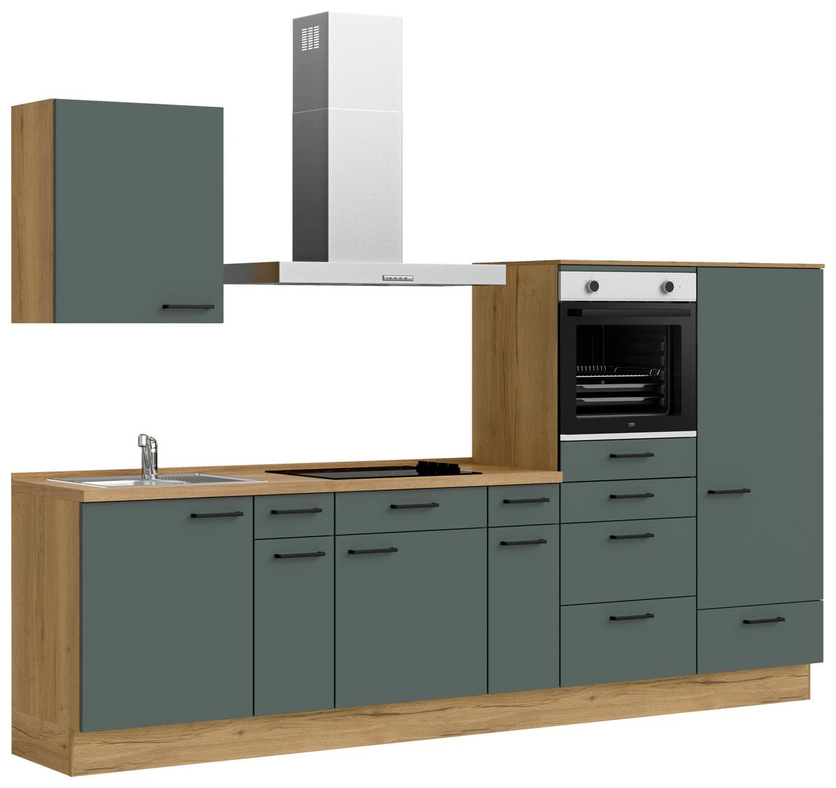 Küchenblock Easytouch m. Geräten Dunkelgrün - Dunkelgrün/Eichefarben, MODERN, Holzwerkstoff/Metall (300cm) - Nobilia