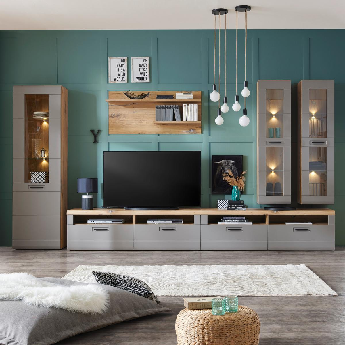 Viseča Vitrina Auris, Siva, Barva Hrasta - siva, Moderno, umetna masa/steklo (40,3/153,4/37,1cm) - Mömax