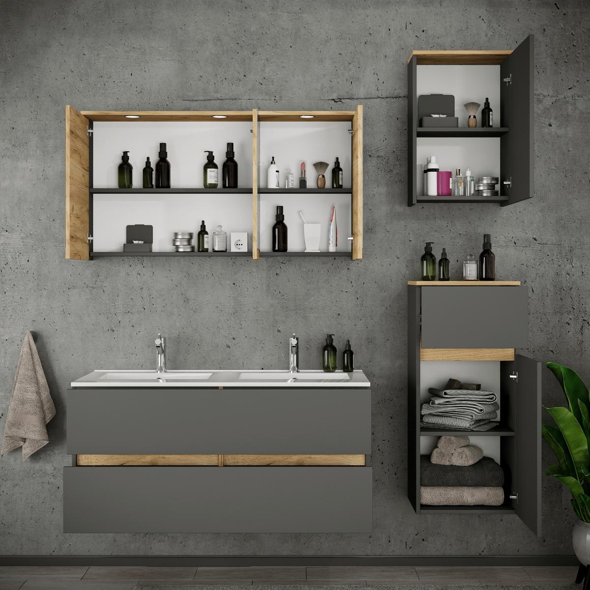 Fürdőszobabútor Cosila - méztölgy színű/antracit, Trend, faalapú anyag/kerámia (149cm) - MID.YOU