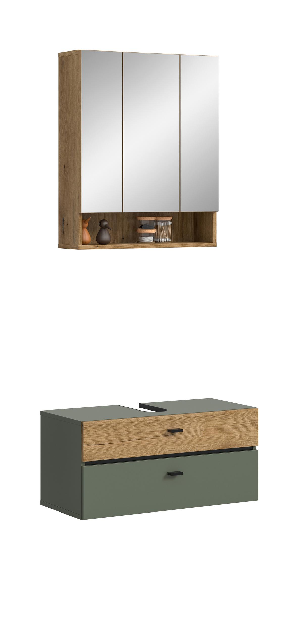 Badezimmer AQUA Grün, Eichefarben 2-teilig - Eichefarben/Schwarz, Trend, Glas/Holzwerkstoff (75cm) - MID.YOU