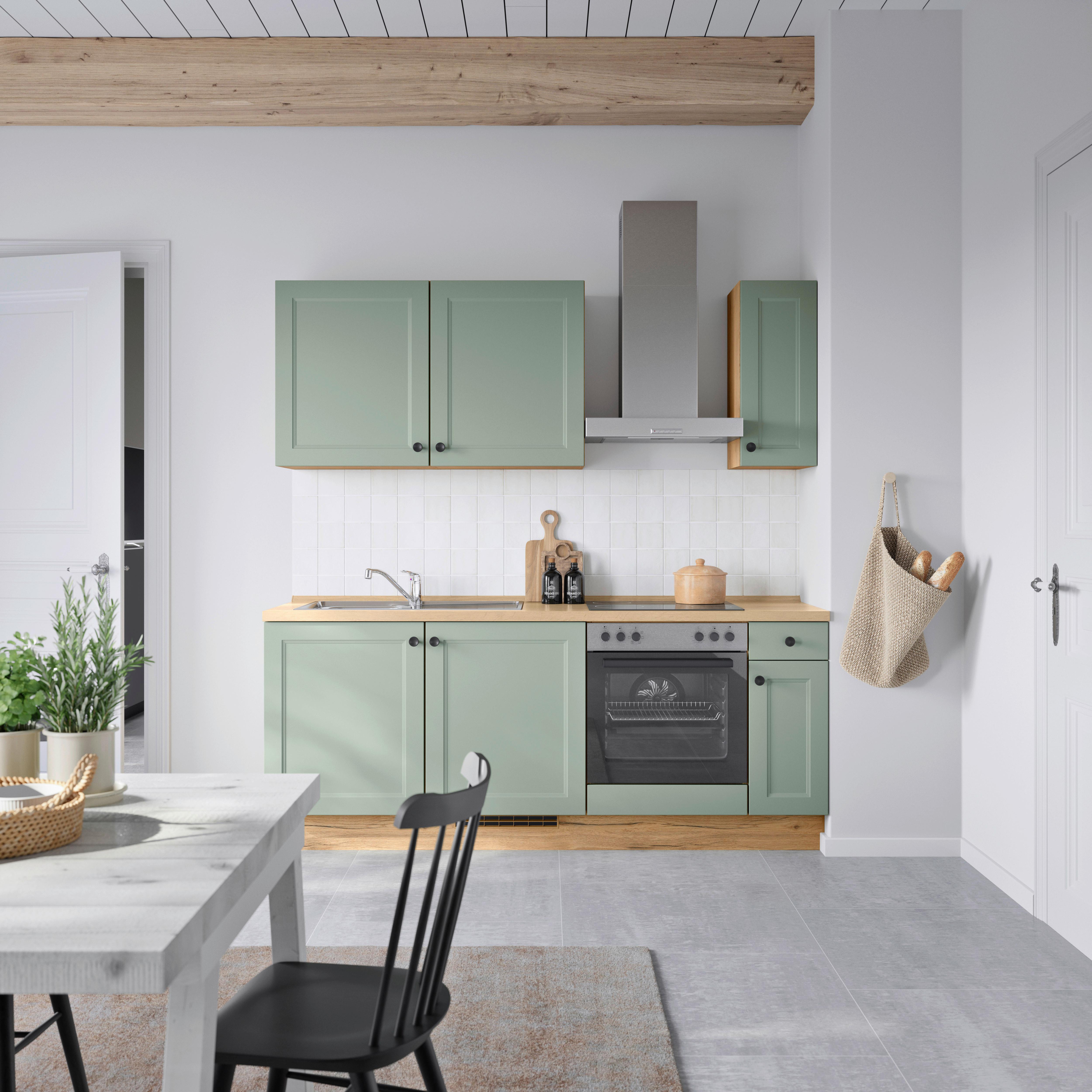 Küchenblock Cascada Low m. Geräten Schilfgrün - Schilfgrün/Eichefarben, MODERN, Holzwerkstoff/Metall (210cm) - Nobilia