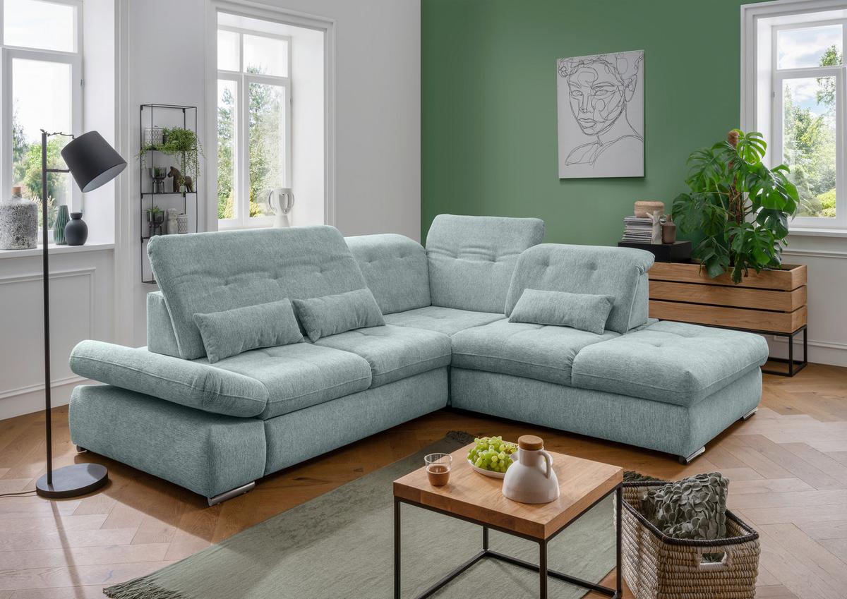 Ecksofa Dalida Mintgrün Chenille mit Bettkasten - Chromfarben/Mintgrün, Design, Textil/Metall (280/254cm) - Livetastic