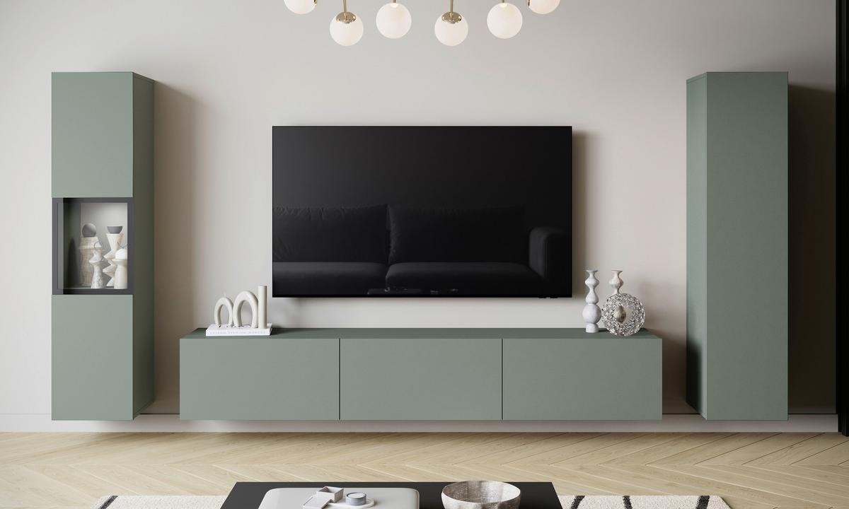 Ansamblu mobilier cameră de zi BERLIN - verde salvie, Design, sticlă/material pe bază de lemn (240/130/31cm) - P & B