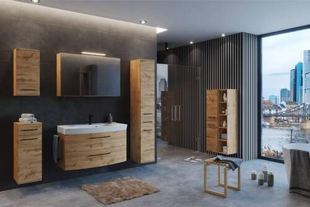 Midischrank ''Manchester'', Eichefarben - Eichefarben/Schwarz, MODERN, Holzwerkstoff/Metall (55/130/35cm) - Held