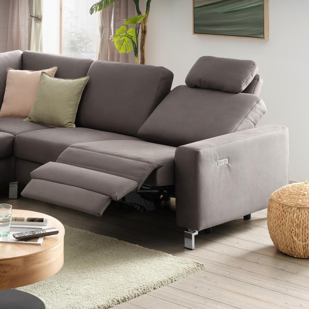 Ecksofa in Anthrazit mit Relaxfunktion - Chromfarben/Beige, Konventionell, Textil/Metall (263/89/220cm) - Premium Living