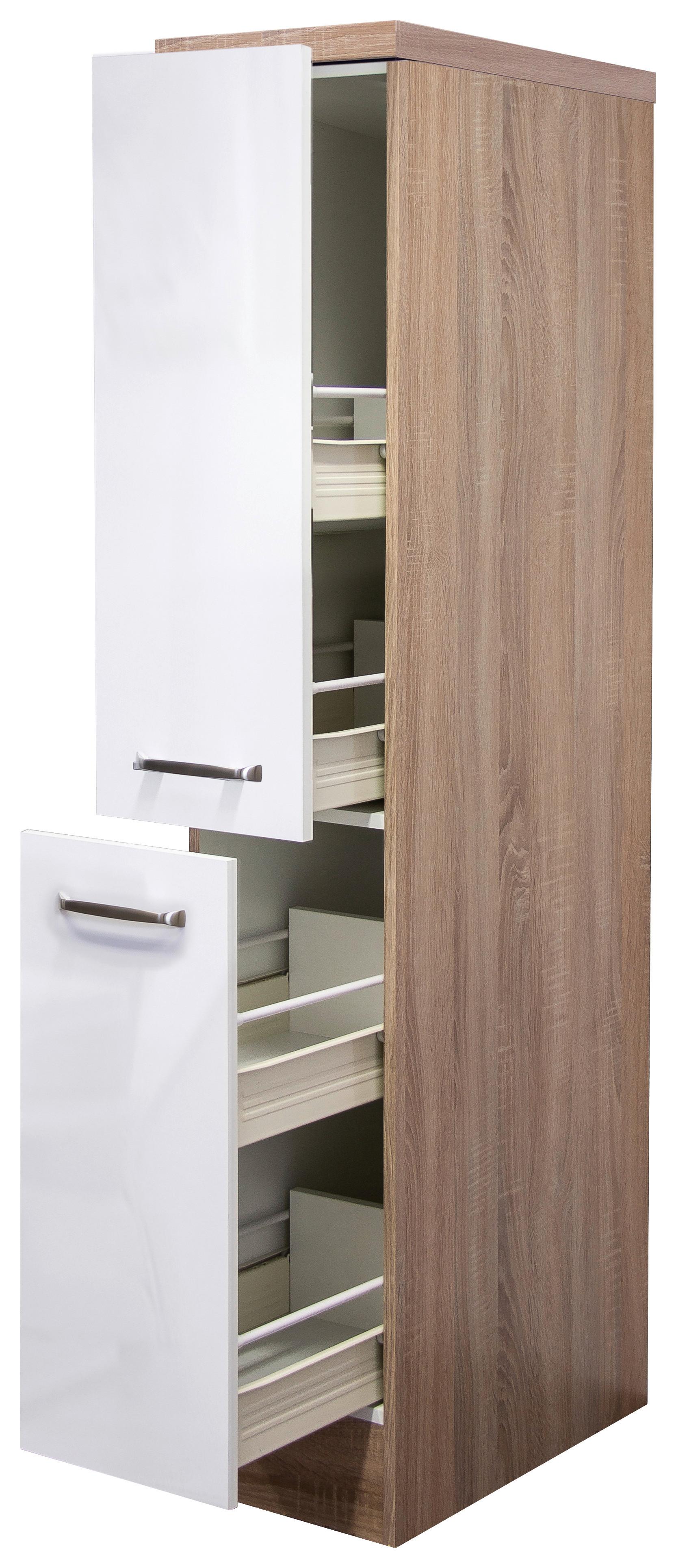 Apothekerschrank Weiß/Eiche - Edelstahlfarben/Weiß Hochglanz, MODERN, Holzwerkstoff/Metall (30/161,6/57cm) - FlexWell