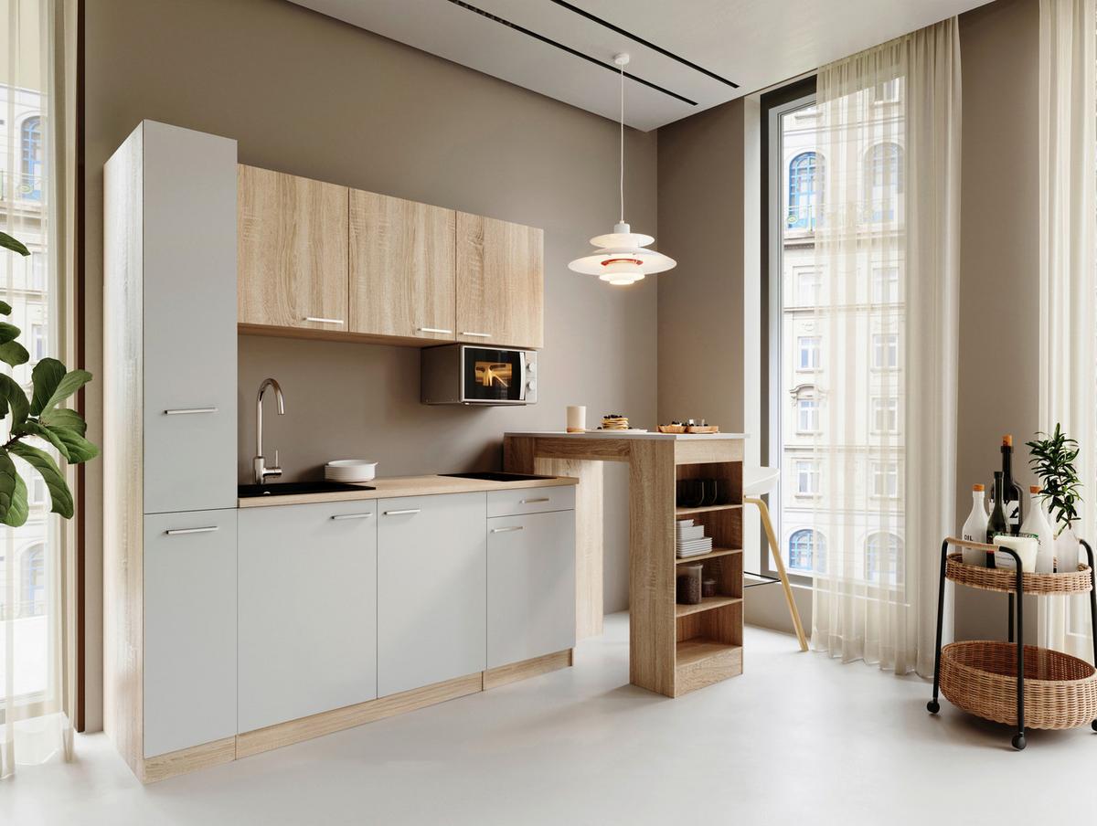 Küchenblock Ingrid m. Geräten Weiß - Eichefarben/Alufarben, Design, Holzwerkstoff/Kunststoff (180cm) - Respekta