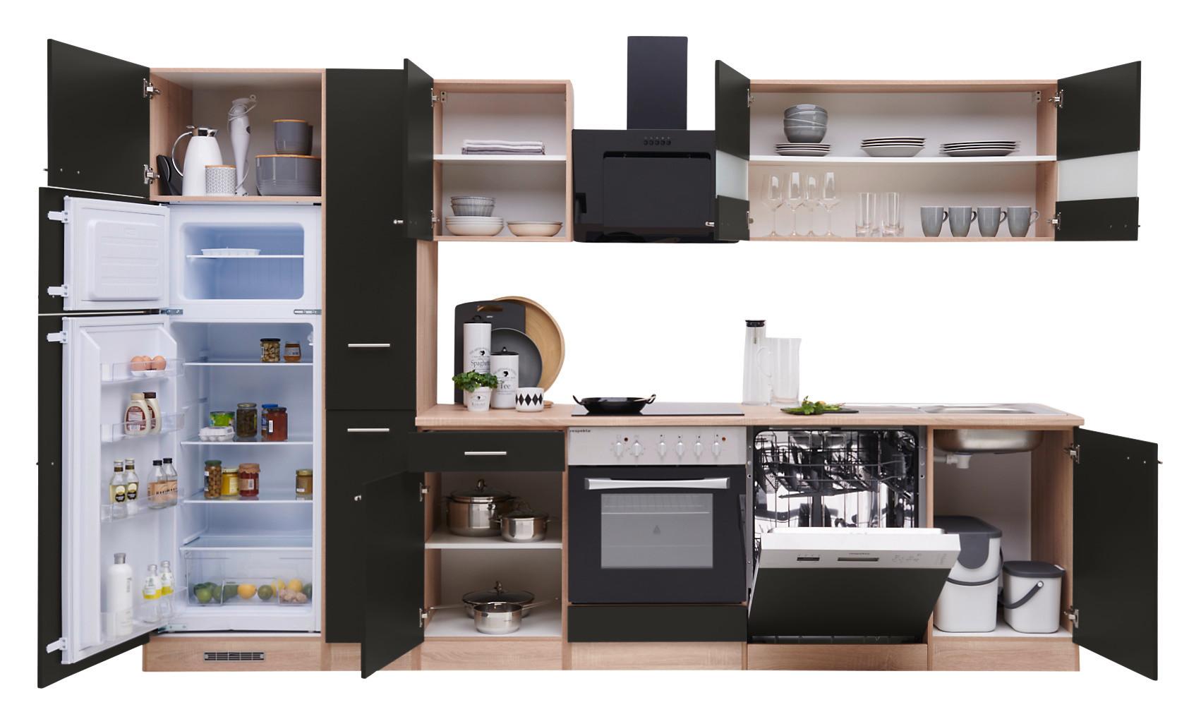 Küchenblock ECONOMY m. Geräten ca. 310 cm Schwarz/Eiche - Eichefarben/Schwarz, Basics, Holzwerkstoff (310cm) - Respekta