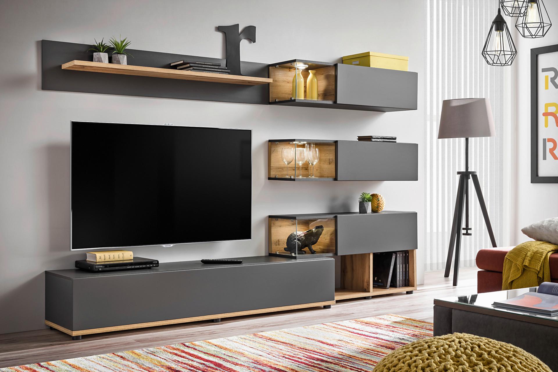 Ansamblu mobilier camera de zi SILK - antracit/stejar Wotan, Modern, sticlă/material pe bază de lemn (240/150/40cm) - Bessagi
