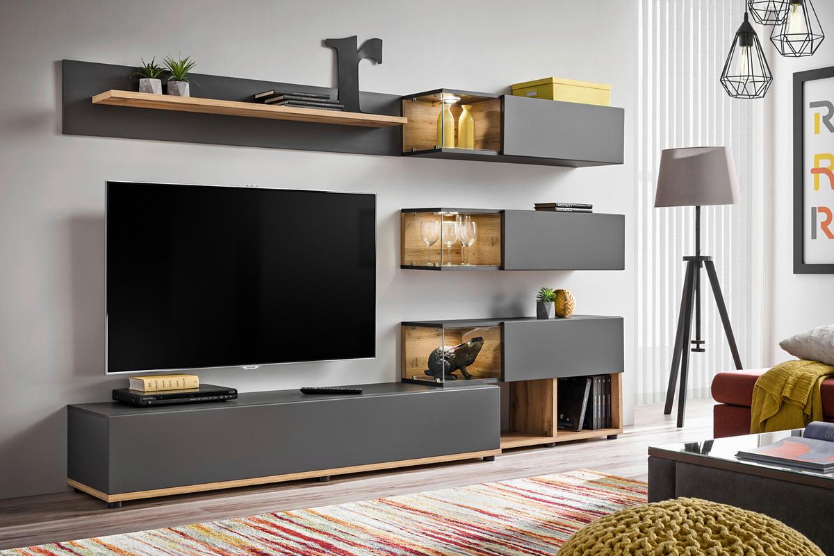 Ansamblu mobilier camera de zi SILK - antracit/stejar Wotan, Modern, sticlă/material pe bază de lemn (240/150/40cm) - Bessagi