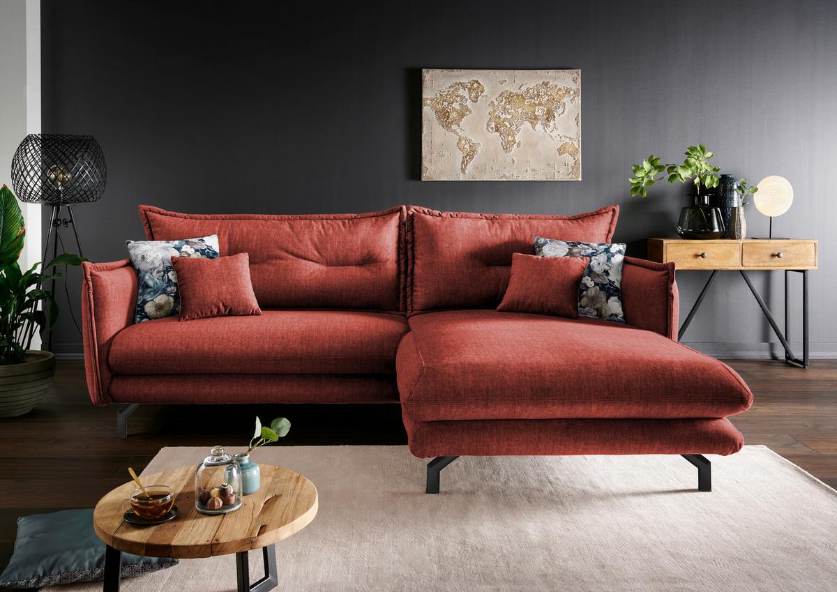 Wohnlandschaft Lava Koralle Velours - Türkis/Koralle, MODERN, Textil/Metall (255/180cm) - Livetastic