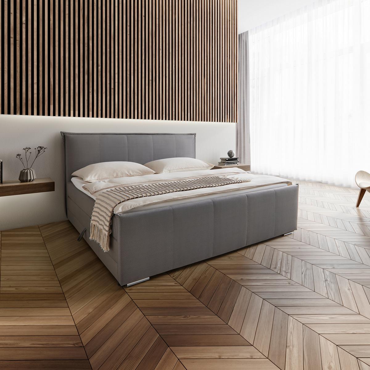 Pat boxspring gri Leonora cca 200X200 gri cu topper - gri, Modern, lemn/textil (200/200cm) - Bessagi Home