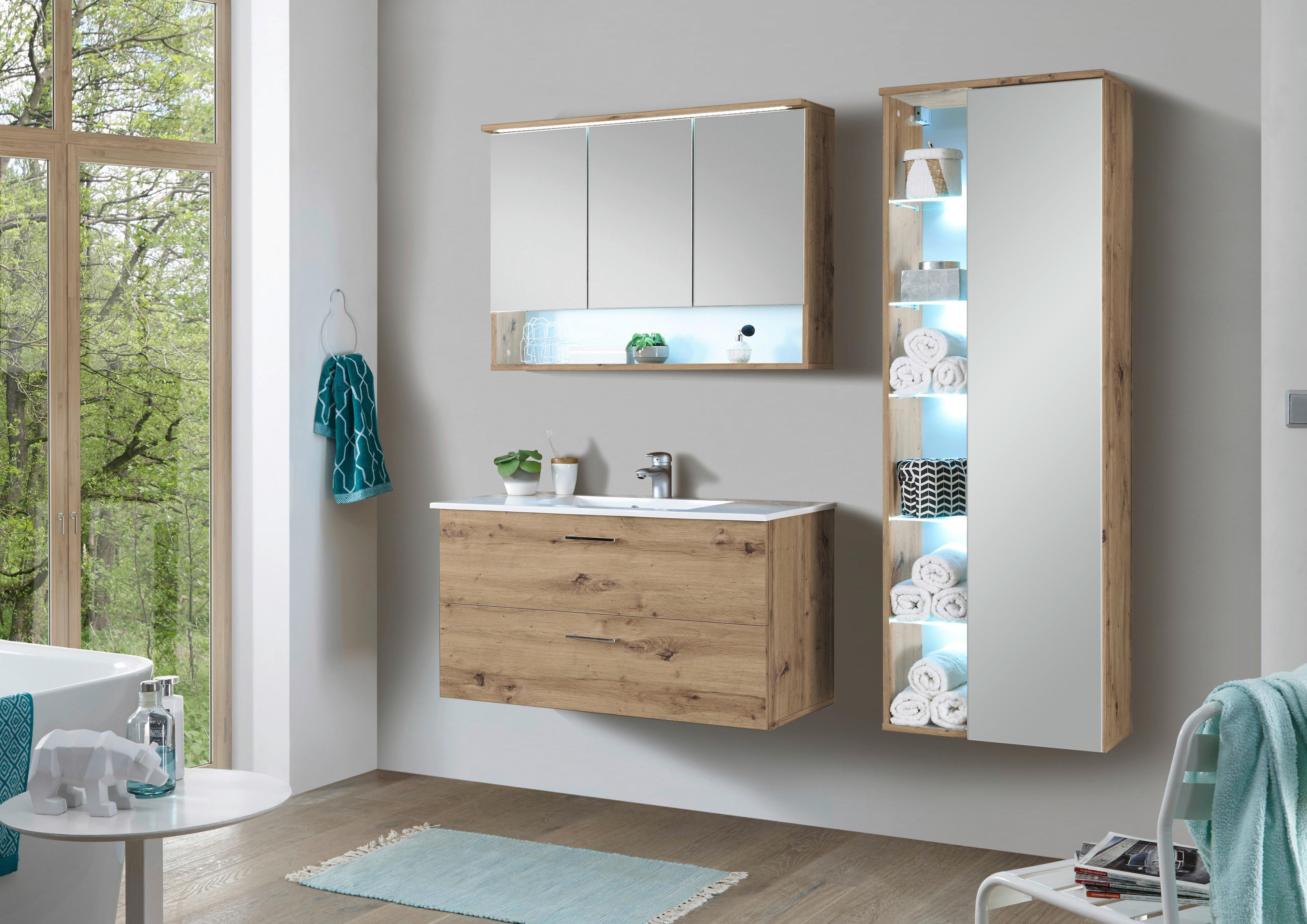SZAFKA Z LUSTREM BALNEO 100 - kolor dębowy, Natur, materiał drewnopochodny/szkło (99/70/23cm) - Xora