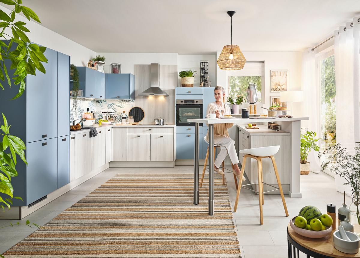 Einbauküche PN100/105 in Tanne Clay/Pastelblau - Pastellblau/Ahornfarben, MODERN, Holzwerkstoff - Pino