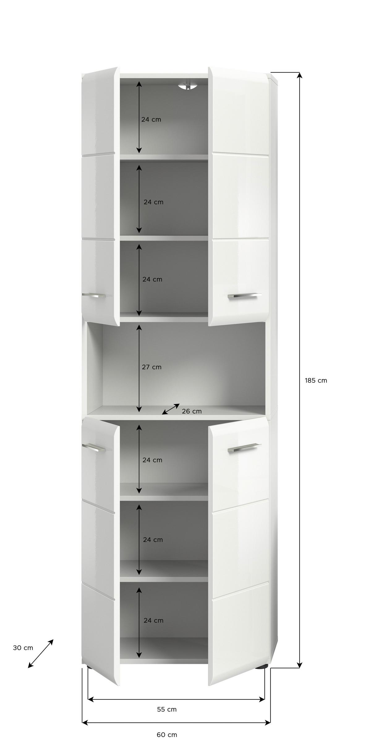 Hochschrank Ice 4-türig ca. 60x185 cm Weiß hochglanz - Chromfarben/Weiß Hochglanz, MODERN, Holzwerkstoff/Kunststoff (60/185/30cm) - MID.YOU