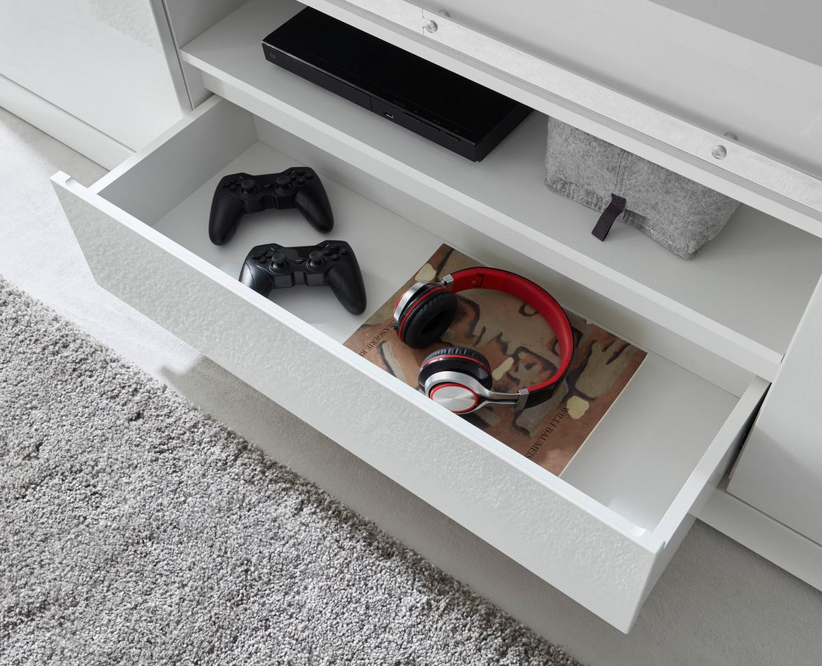 Wohnwand Daytona Weiß/Weiß Hochglanz - Chromfarben/Weiß Hochglanz, Design, Holzwerkstoff/Metall (349/200/43cm) - Livetastic