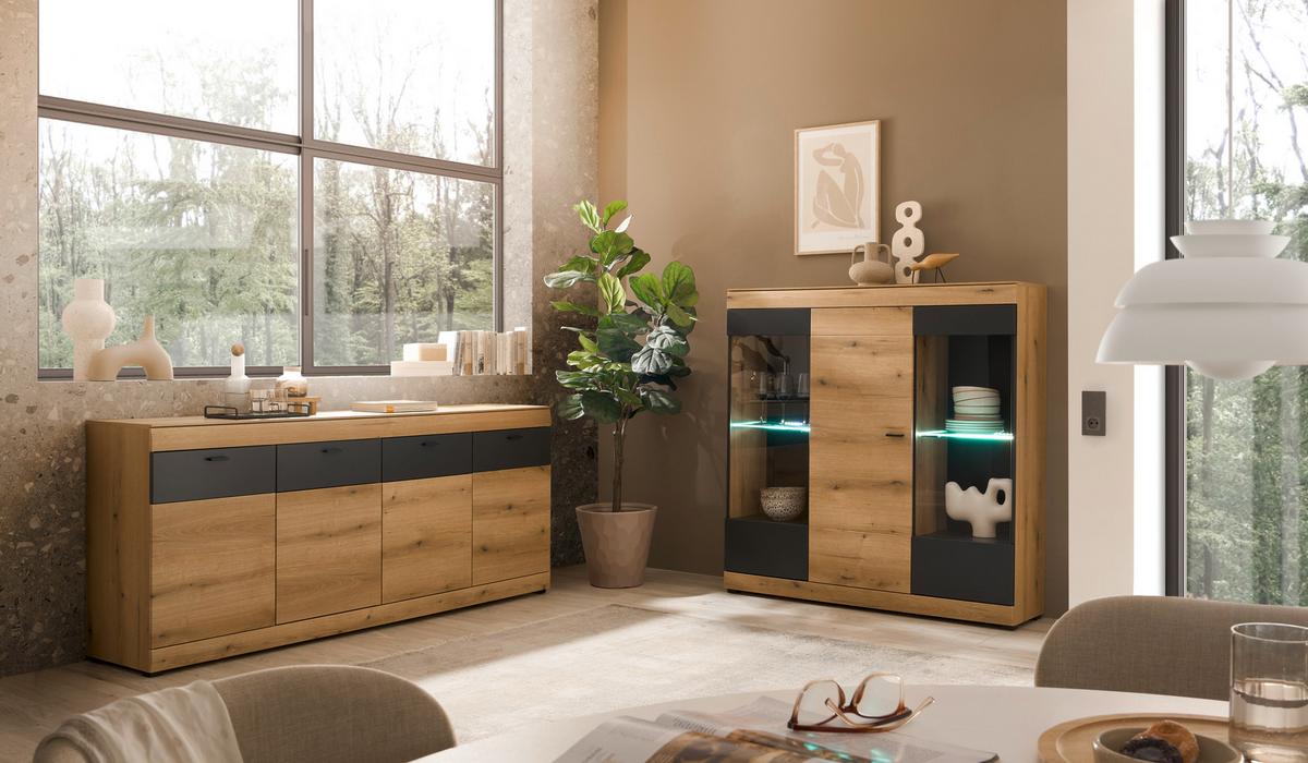 WOHNWAND SOLETO - Eichefarben/Graphitfarben, Design, Glas/Holzwerkstoff - MID.YOU