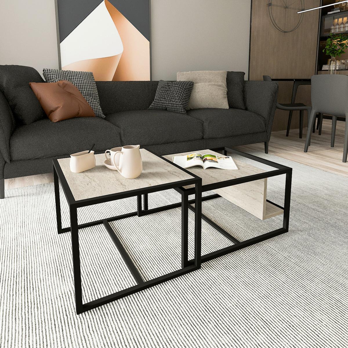 COUCHTISCHSET BATI COUCHTISCH - Beige/Schwarz, Design, Holzwerkstoff/Metall - Livetastic