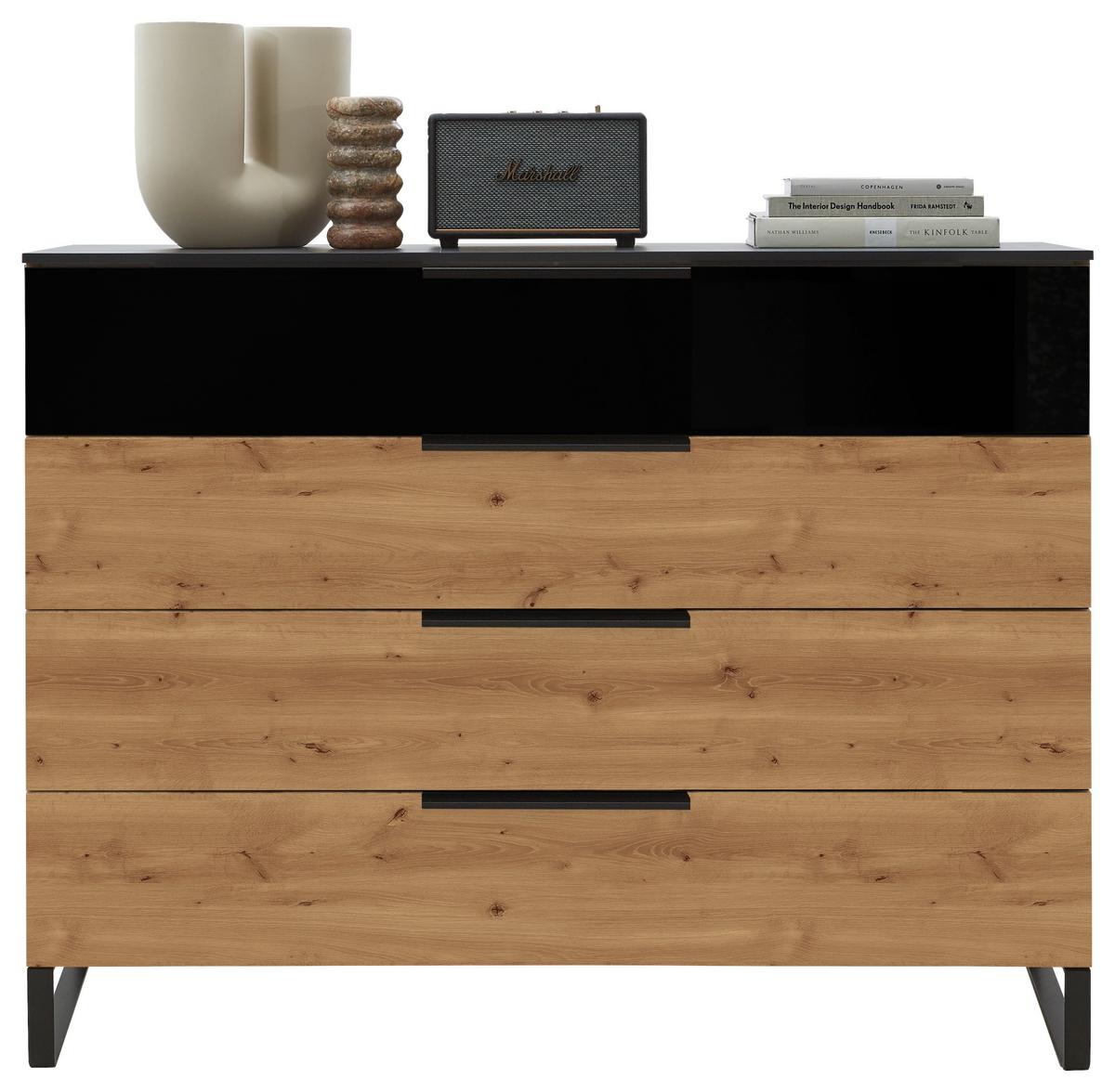 Komoda Mera, Barva Hrasta, Črna - črna/barve hrasta, Design, kovina/steklo (120/91/42cm) - Dieter Knoll