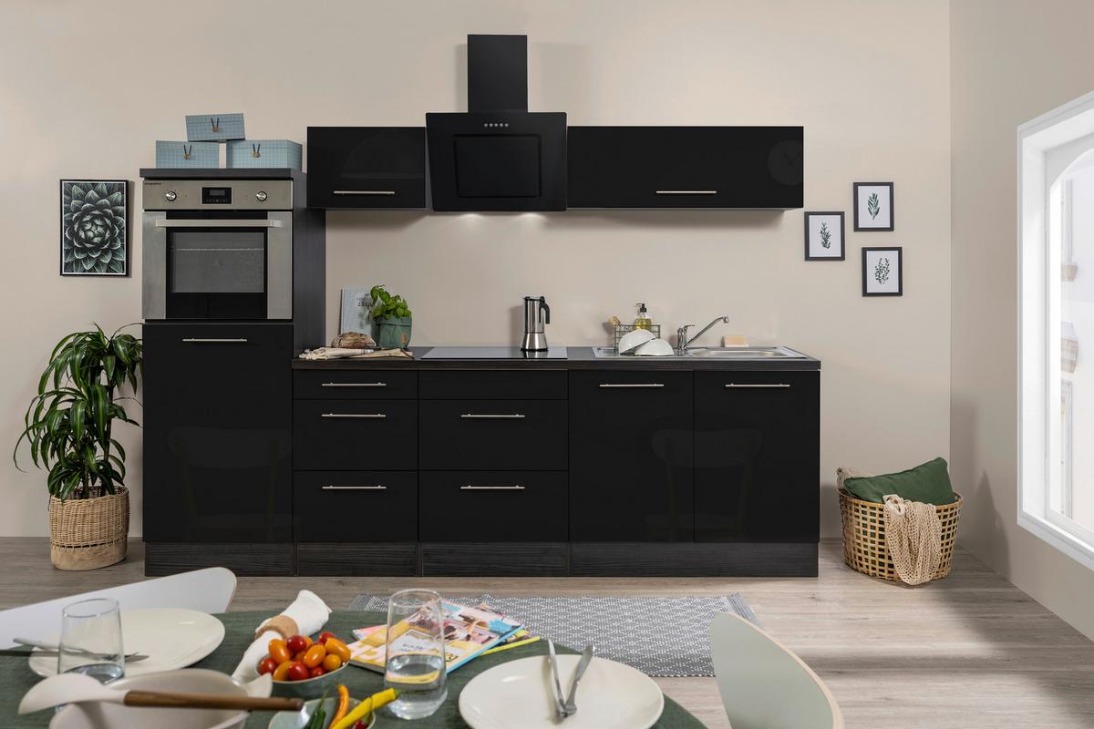 Küchenzeile mit Geräte Schwarz Hochglanz B: ca. 270 cm - Edelstahlfarben/Eichefarben, Basics, Holzwerkstoff/Metall (270cm) - Respekta