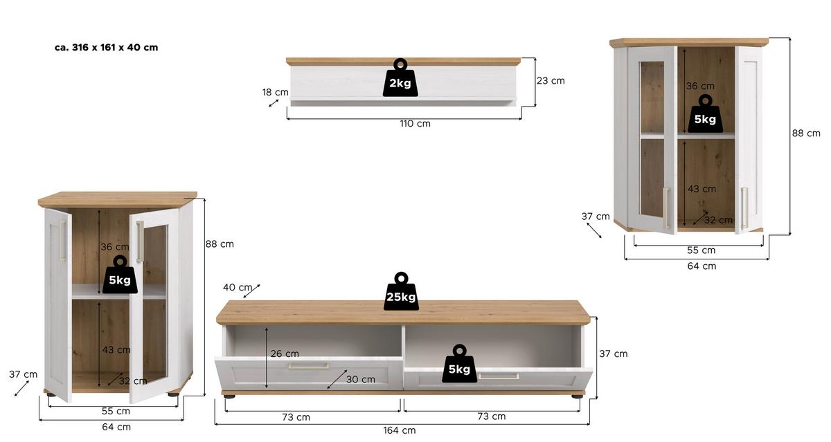 Dnevni Regal Verona, Bela, Barva Macesna, 4-Delni - srebrne barve/črna, Design, umetna masa/leseni material (316/161/40cm) - Livetastic