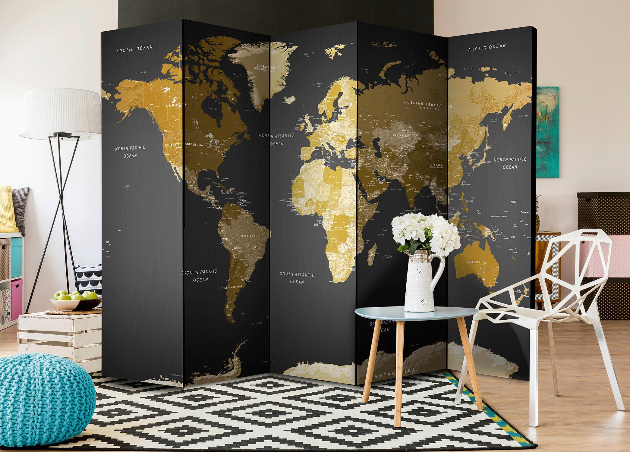 Paravan World Map Ii, 5-Delni, Dvostranski - sivomodra/peščene barve, Basics, tekstil/les (225/172/3cm) - artgeist
