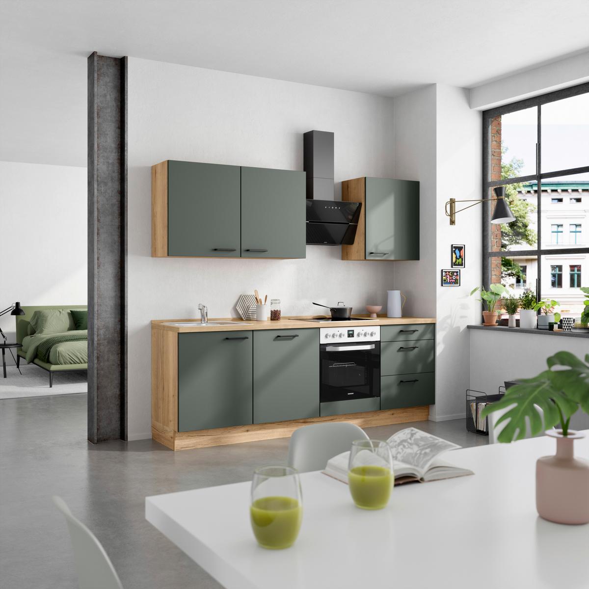 Küchenblock Easytouch High m. Geräten Dunkelgrün - Dunkelgrün/Eichefarben, MODERN, Holzwerkstoff/Metall (240cm) - Nobilia