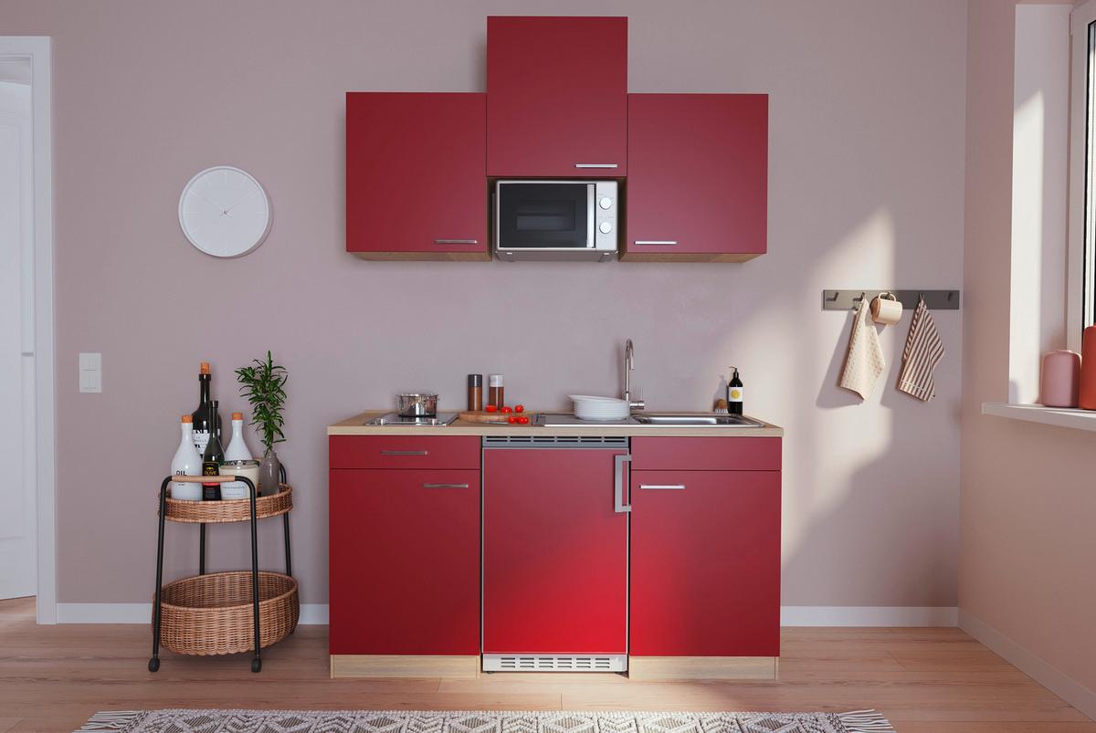 Miniküche Economy m. Geräten B: ca. 150cm Rot/Eichefarben - Rot, Basics, Holzwerkstoff (150cm) - Respekta