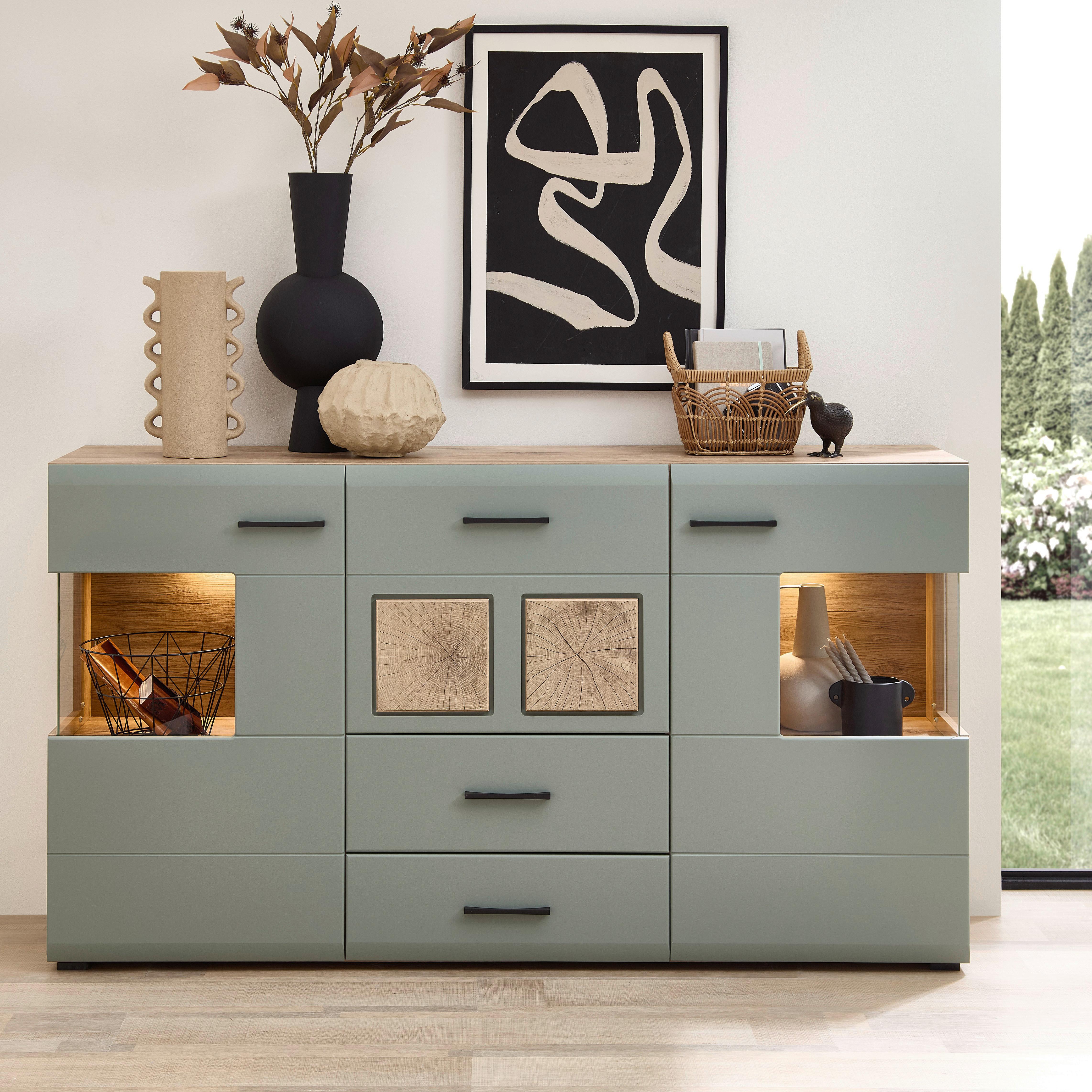 Sideboard Fun Plus II Grün/Eichefarben - Eichefarben/Schwarz, MODERN, Holzwerkstoff/Metall (170/94/42cm) - Mömax