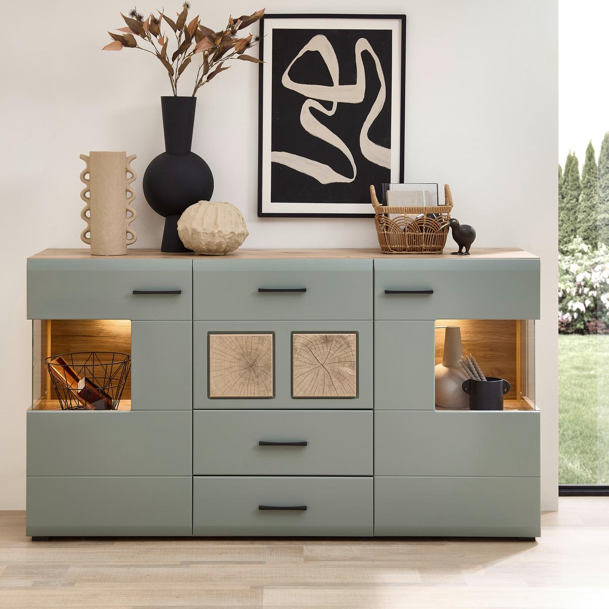 Sideboard Fun Plus II Grün/Eichefarben - Eichefarben/Schwarz, MODERN, Holzwerkstoff/Metall (170/94/42cm) - Mömax