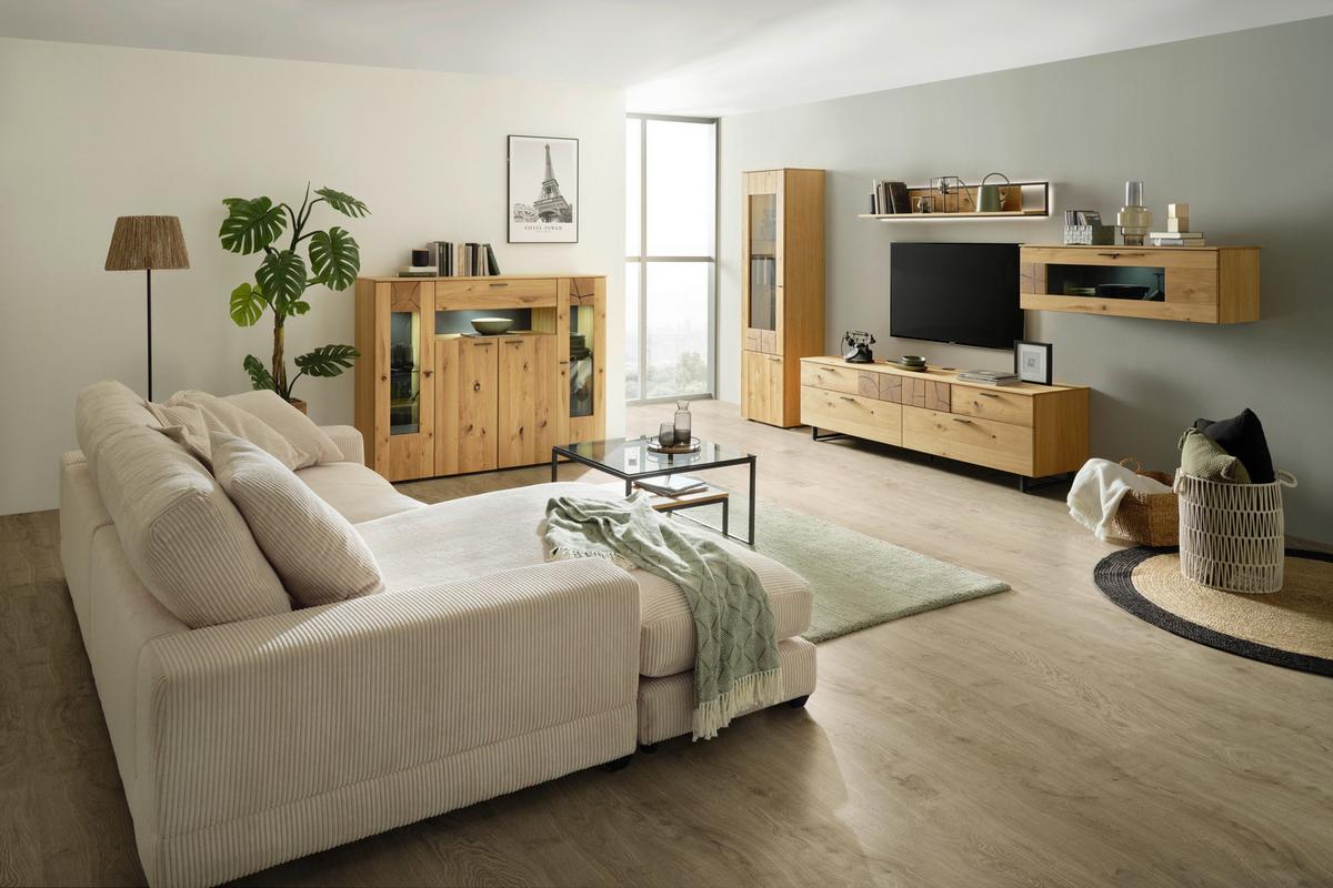 Highboard in Eichefarben - Eichefarben/Schwarz, Modern, Glas/Holzwerkstoff (154/130/41cm) - Premium Living