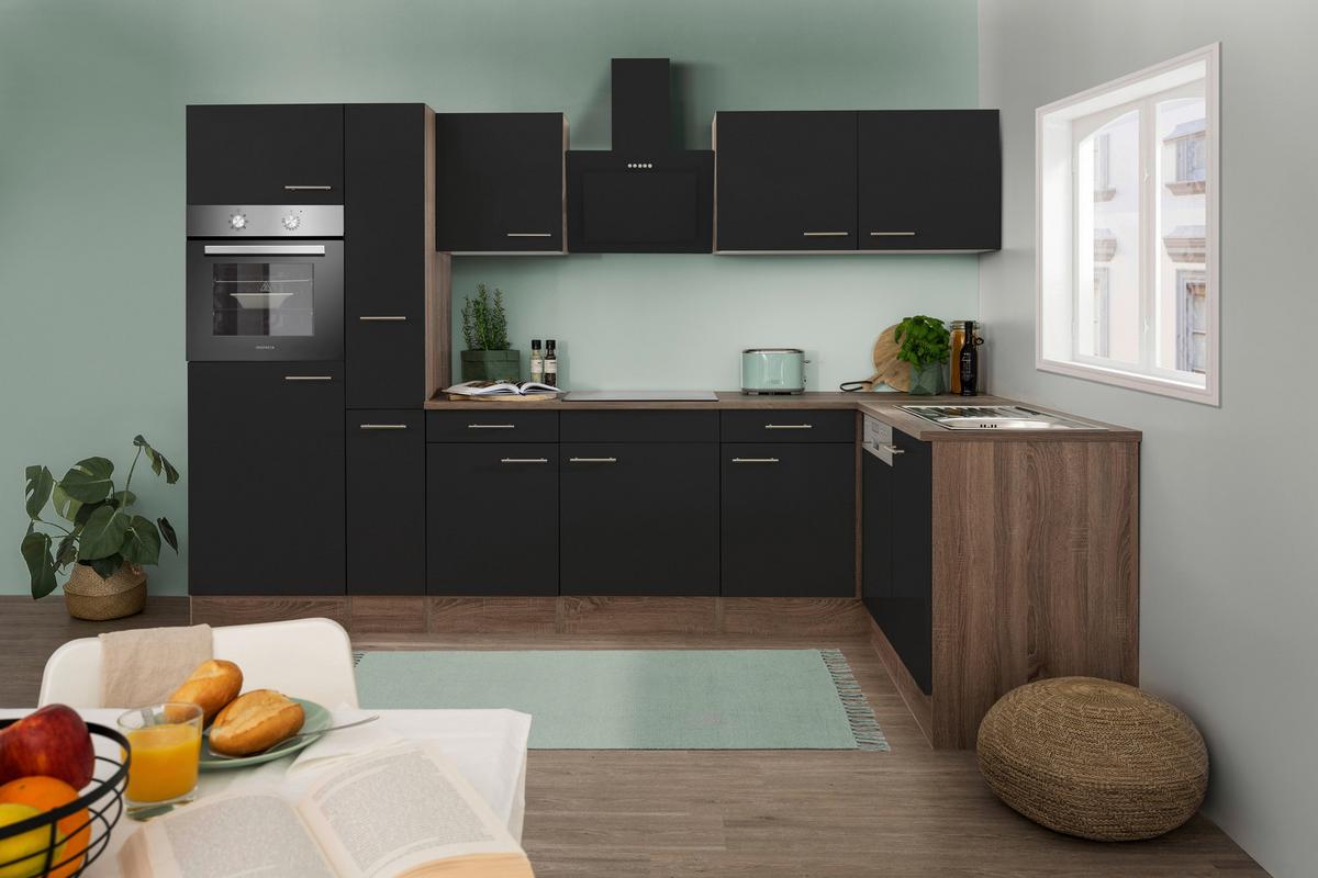 Eckküche Oliver mit Geräten ca. 310x172 cm Schwarz - Eichefarben/Schwarz, Basics, Holzwerkstoff/Metall (310/172cm) - Respekta