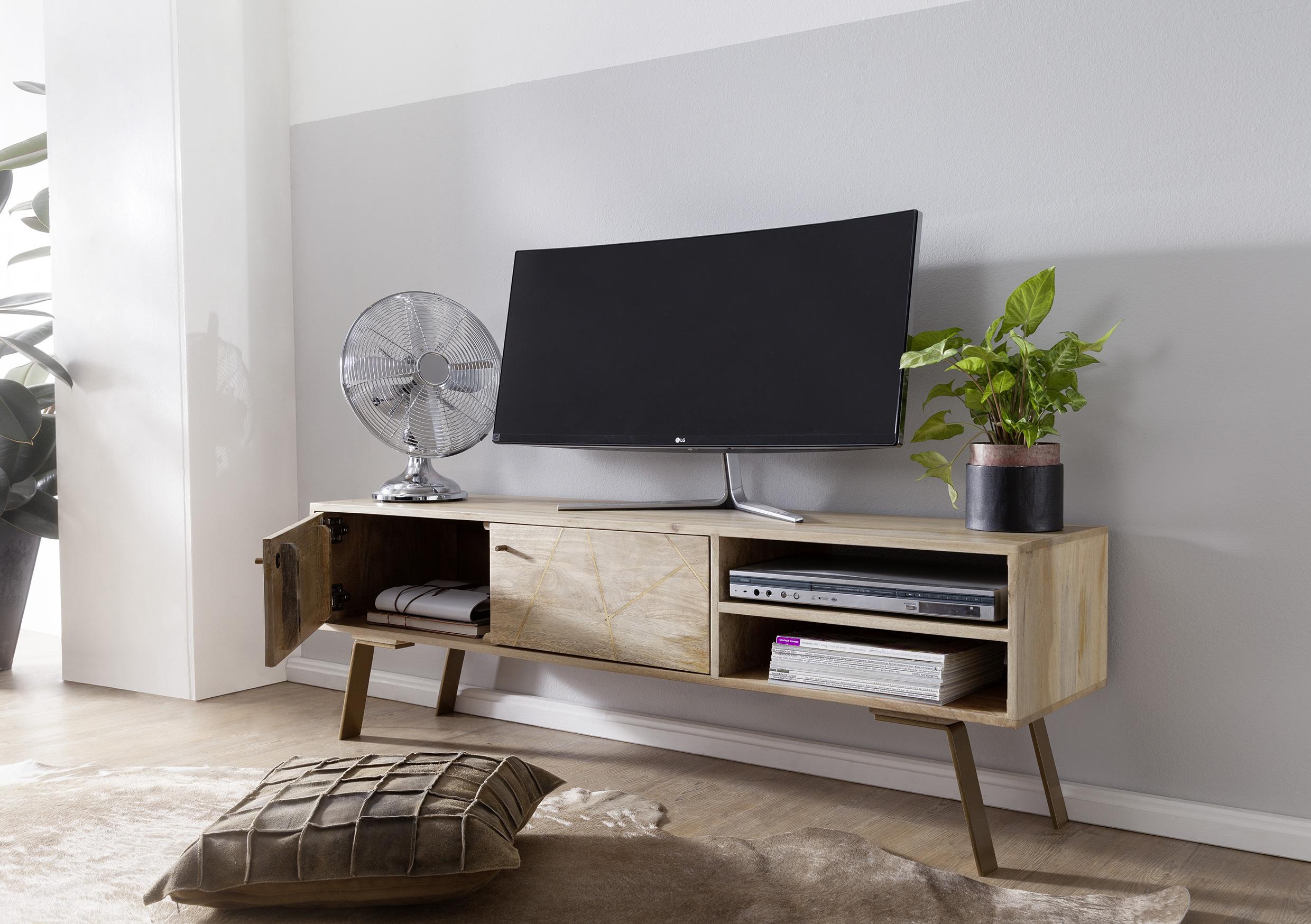 Lowboard "WL5.607" , aus Mango, braun/gold - Goldfarben/Braun, Design, Holz/Metall (145/47/35cm) - MID.YOU