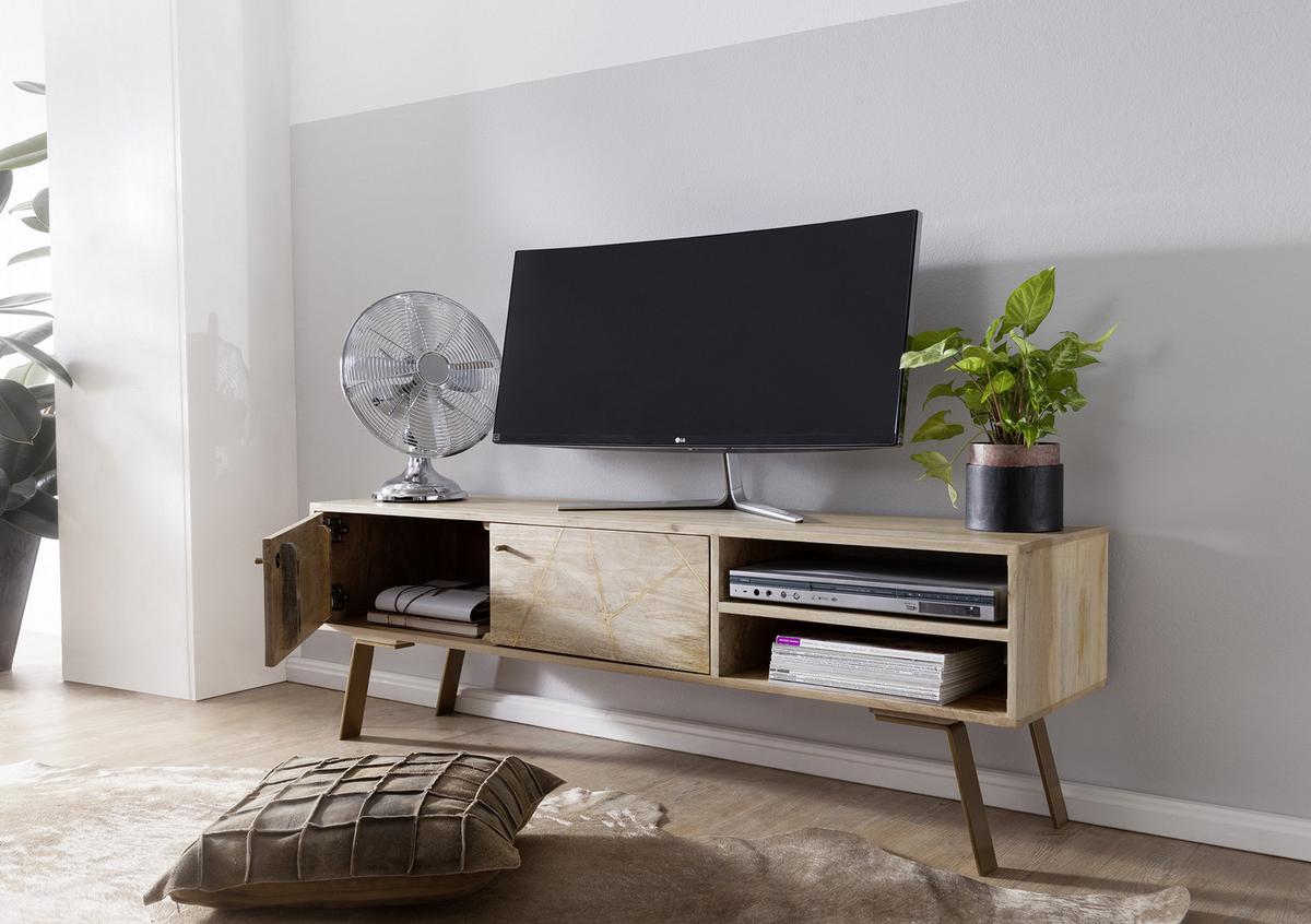 Lowboard "Sikar", aus Mango, braun/gold - Goldfarben/Braun, Design, Holz/Metall (145/47/35cm) - MID.YOU