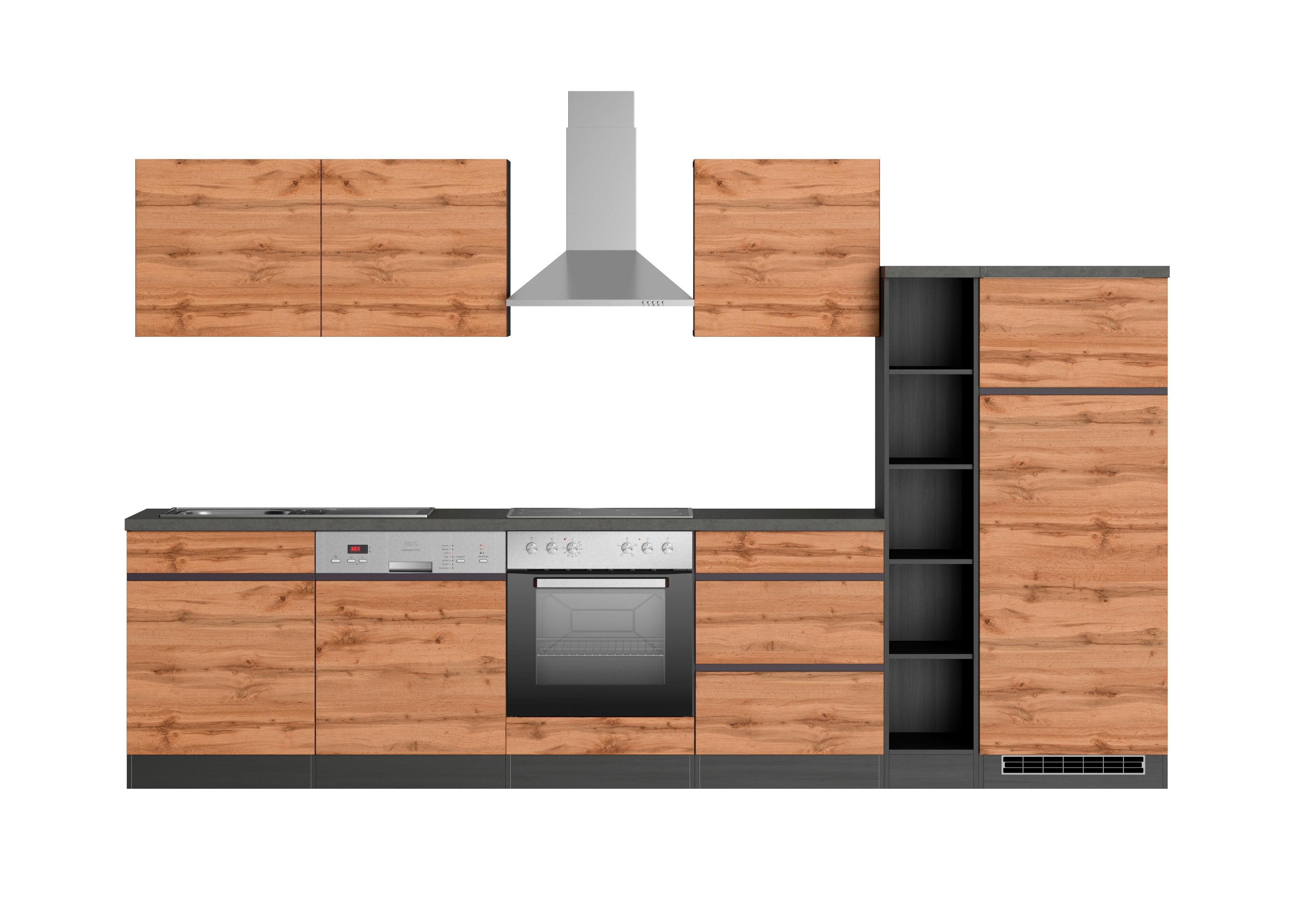 Küchenzeile Turin mit Geräten ca. 330 cm Graphit/Eiche - Eiche Wotan/Graphitfarben, Design, Holzwerkstoff (330cm) - Held