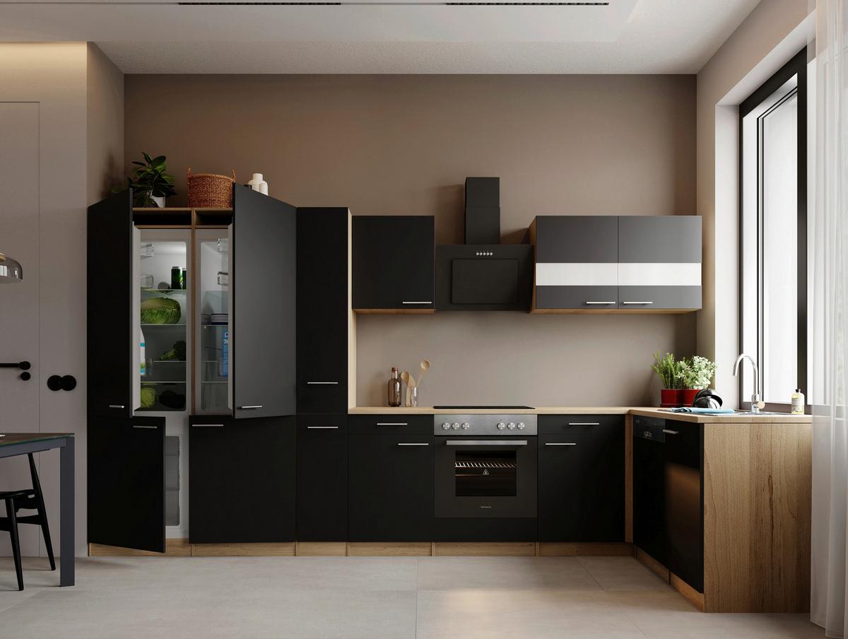 Eckküche Merle m. Geräten ca. 370x172cm Schwarz - Edelstahlfarben/Eichefarben, Trend, Holzwerkstoff/Metall (370/172cm) - Respekta