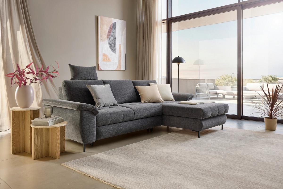 Ecksofa Focus L Grau Chenille - Schwarz/Grau, KONVENTIONELL, Holz/Textil (167/256cm) - Based