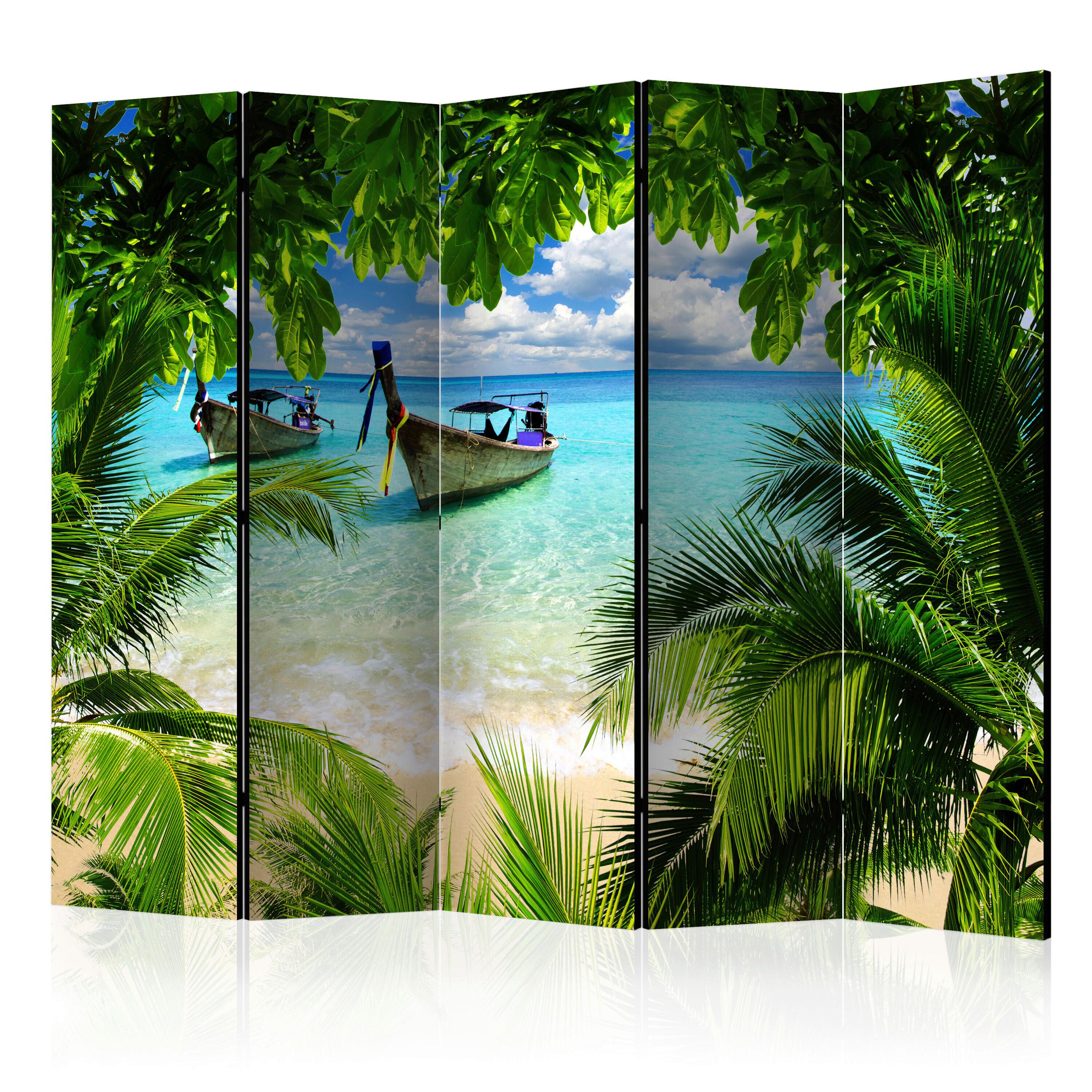 Paravan Tropical Paradise I, 5-Delni, Akustičen - svetlo modra/zelena, Basics, umetna masa/tekstil (225/172/3cm) - artgeist