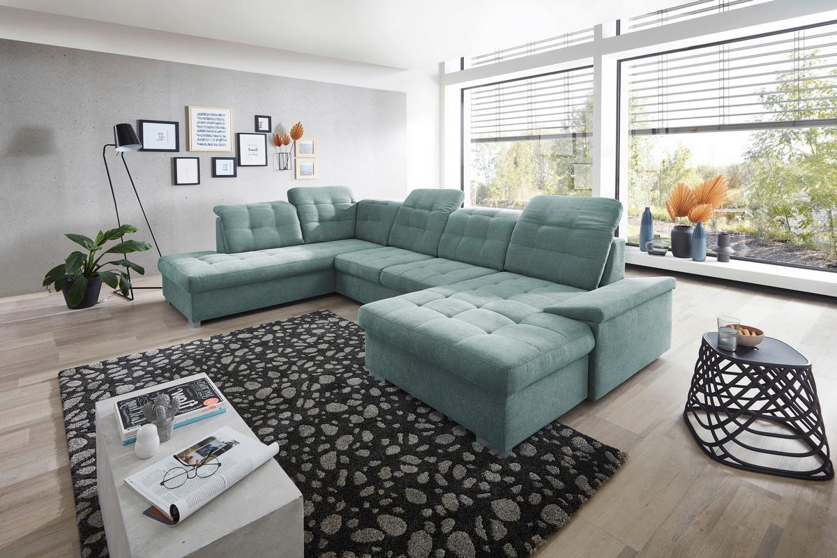 Wohnlandschaft Zira Mintgrün Nylon/Mikrofaser - Chromfarben/Mintgrün, Design, Kunststoff/Textil (212/330/169cm) - Livetastic