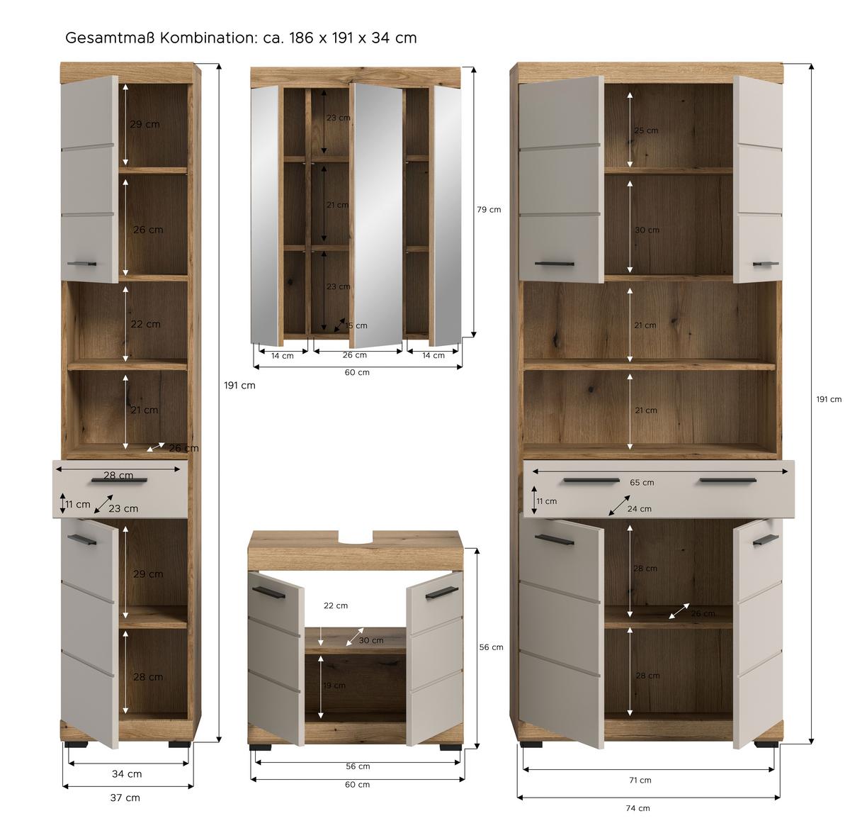Badezimmer Scout 4-tlg. ca. 171 cm Kaschmir - Kaschmir/Schwarz, MODERN, Holzwerkstoff/Kunststoff (171cm) - MID.YOU