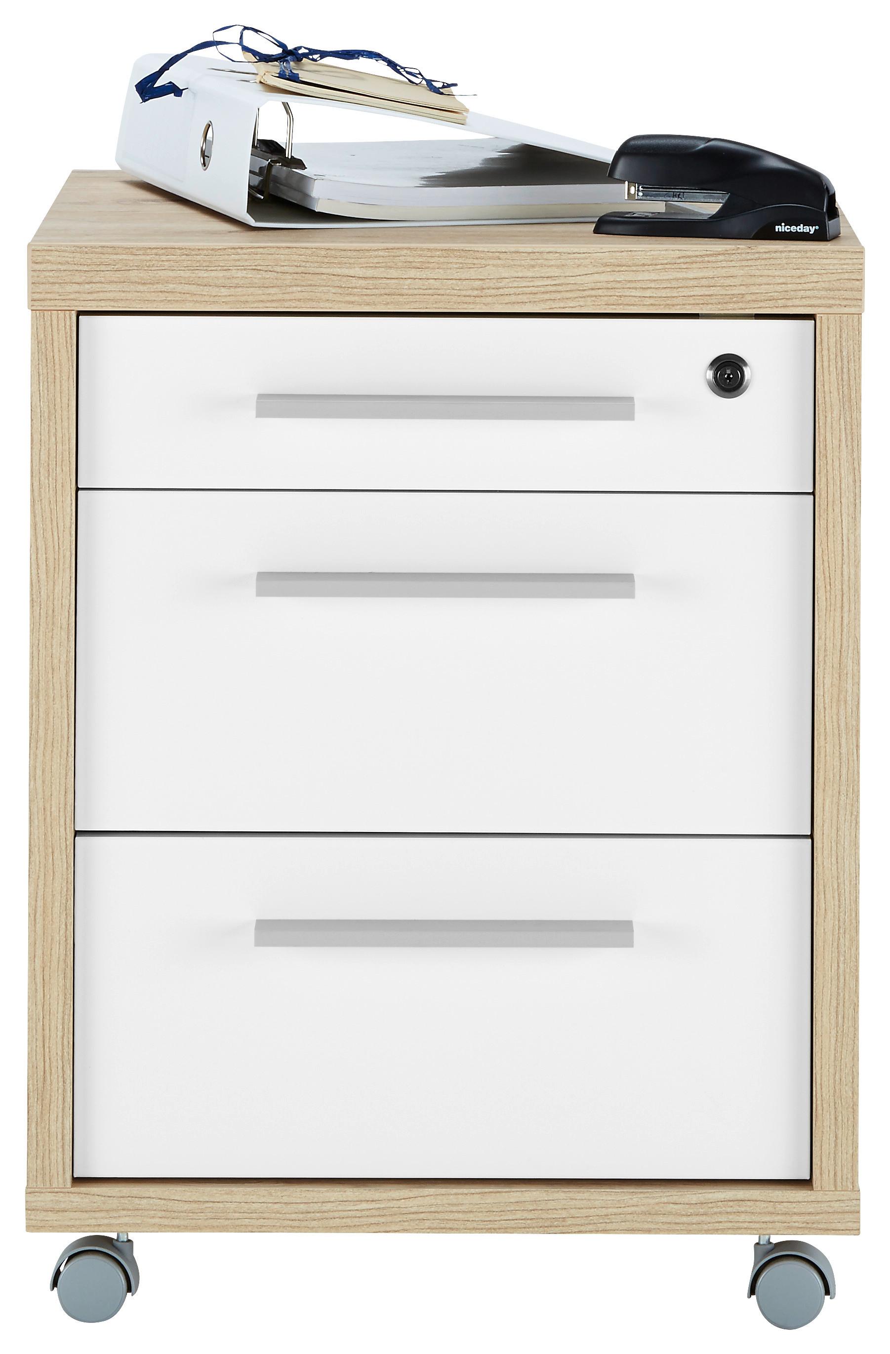 Rollcontainer in Weiß/Eichefarben - Eichefarben/Weiß, MODERN, Holzwerkstoff/Metall (47/61,5/45cm) - Modern Living