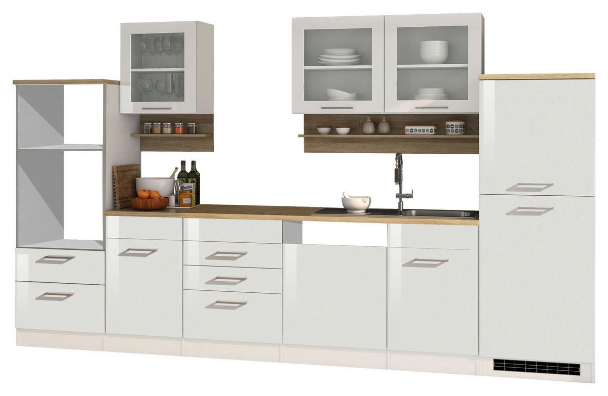 Küchenleerblock Mailand o. Geräte Weiß Hochglanz - Weiß Hochglanz/Silberfarben, MODERN, Glas/Holzwerkstoff (340cm) - Held