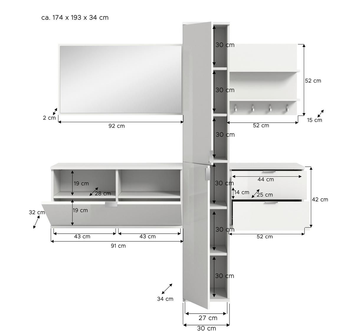 GARDEROBE PROJEKT X - Weiss Hochglanz/Weiss, Design, Holzwerkstoff (174cm) - Livetastic