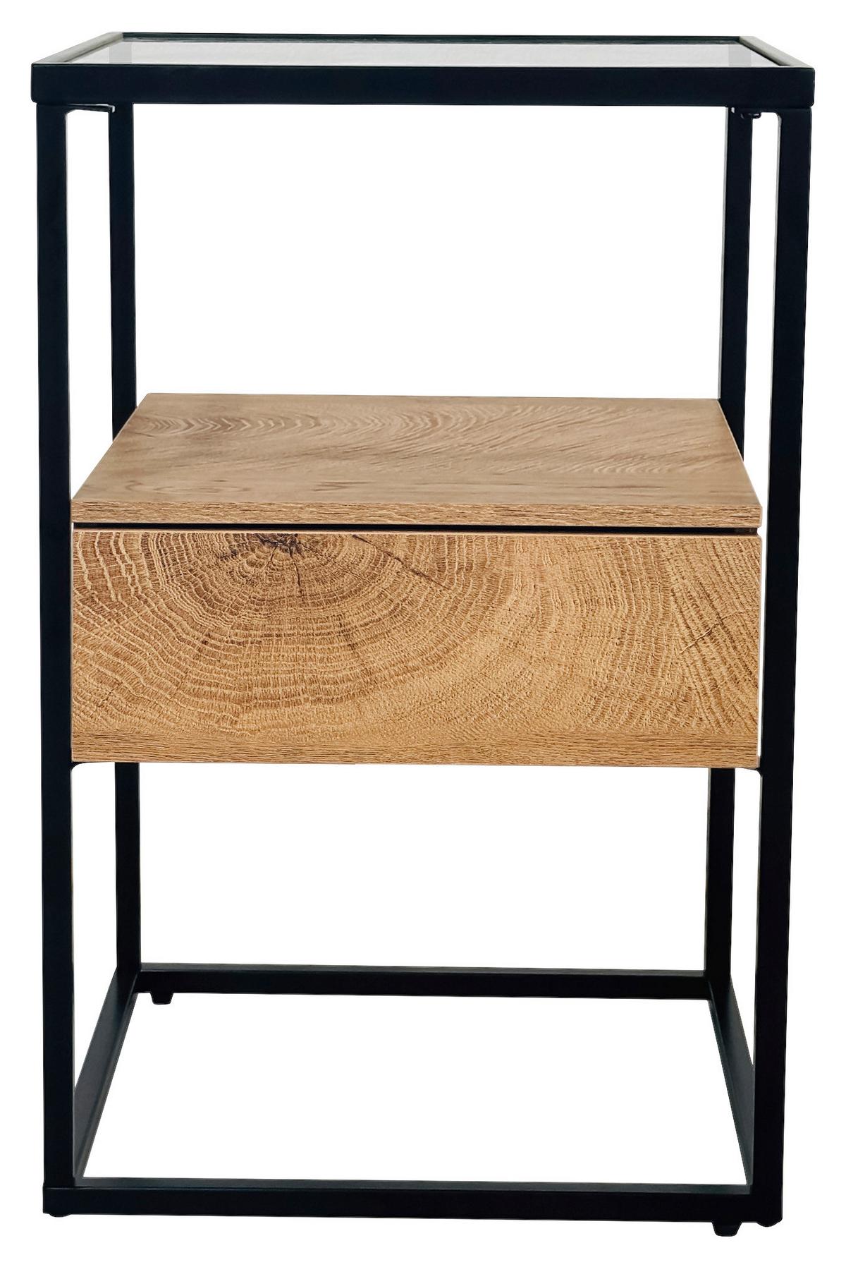 Măsuță auxiliară NOAH - culoare lemn stejar/negru, Modern, sticlă/metal (40/62/40cm) - Modern Living