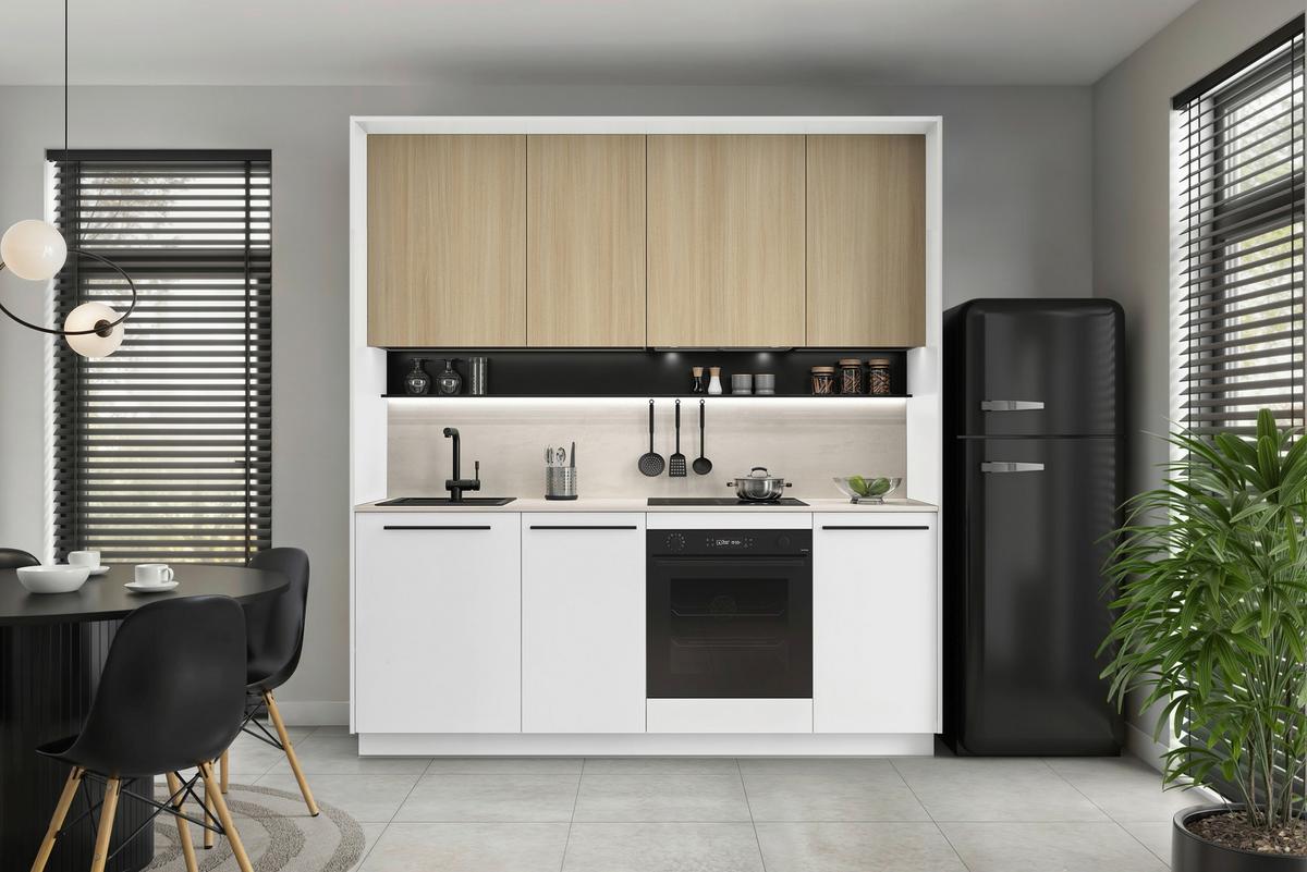Küchenblock Milino o. E-Geräte Sandfarben - Eichefarben/Schwarz, Basics, Holzwerkstoff/Kunststoff (210cm) - Visiona