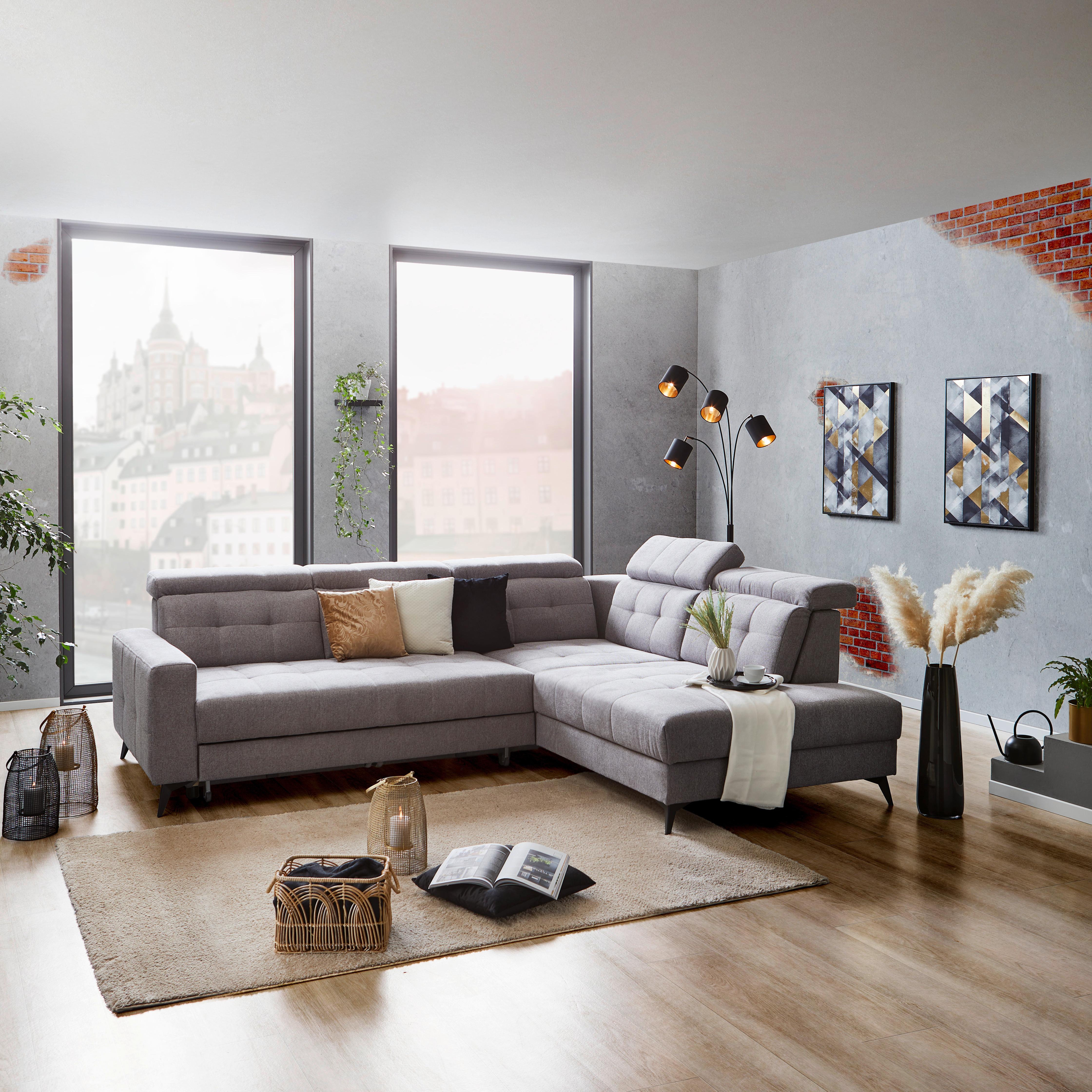 Sedežna Garnitura Barletta, Siva, Ležišče, Predal - črna, Moderno, kovina/tekstil (289/228cm) - Premium Living