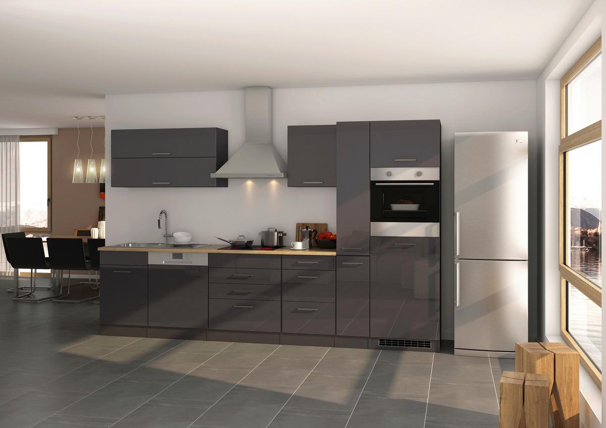 Küchenblock Mailand m. Geräten Graphitfarben - Silberfarben/Graphitfarben, MODERN, Holzwerkstoff/Metall (330cm) - Held