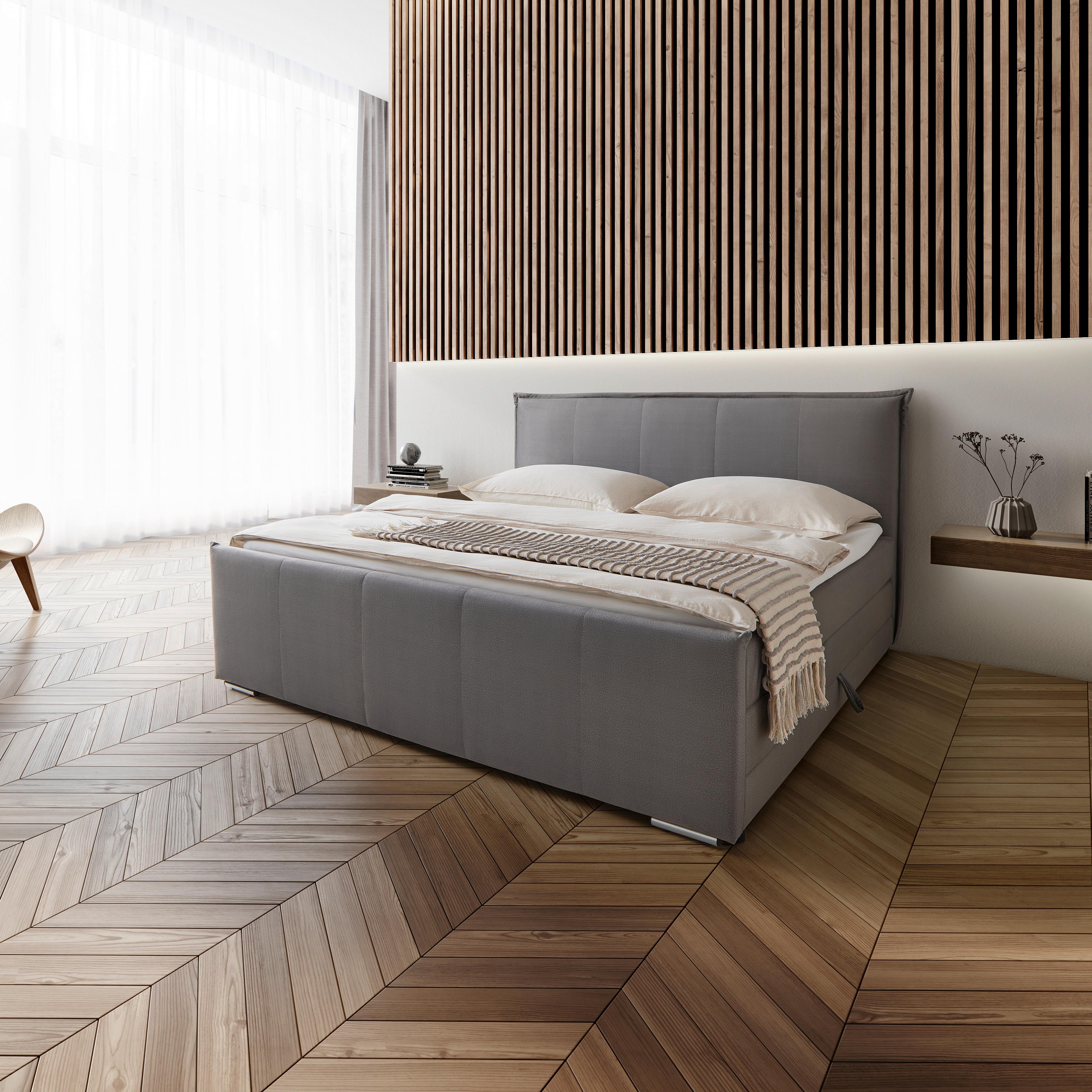 Boxspringbett Leonora ca. 200x200 cm Grau mit Topper - Chromfarben/Grau, MODERN, Holz/Textil (200/200cm) - Bessagi Home