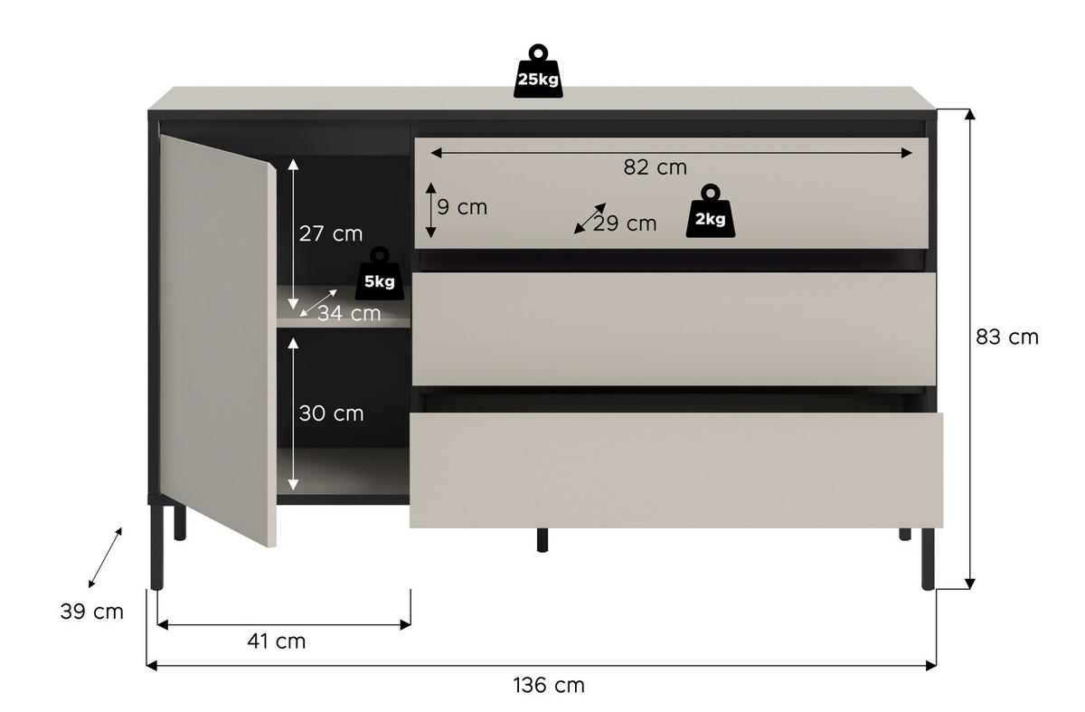 SIDEBOARD TRON - Kaschmir/Schwarz, Design, Holzwerkstoff/Metall (136/83/38cm) - Livetastic