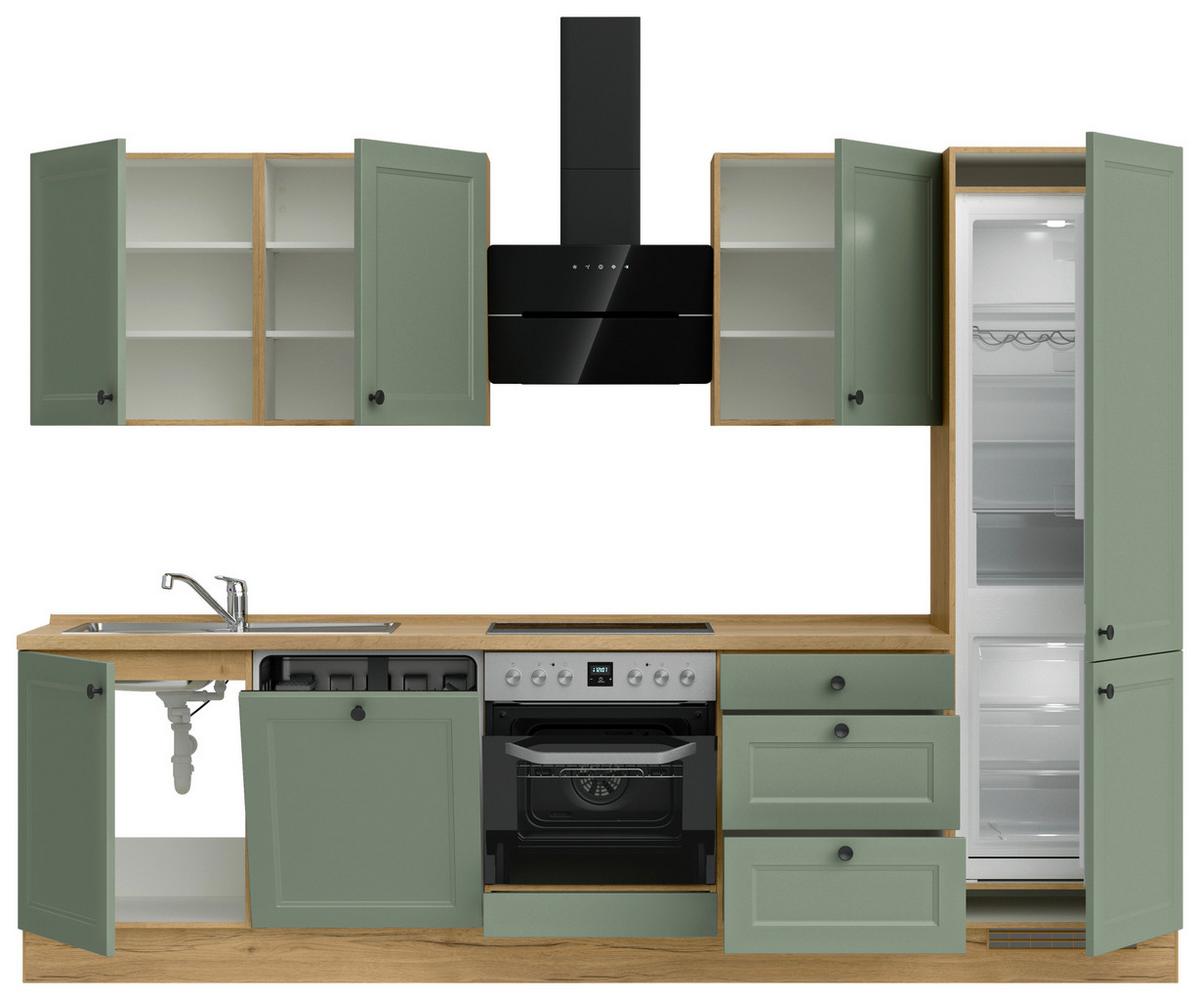 Küchenblock Cascada High m. Geräten Schilfgrün - Schilfgrün/Eichefarben, MODERN, Holzwerkstoff/Metall (300cm) - Nobilia
